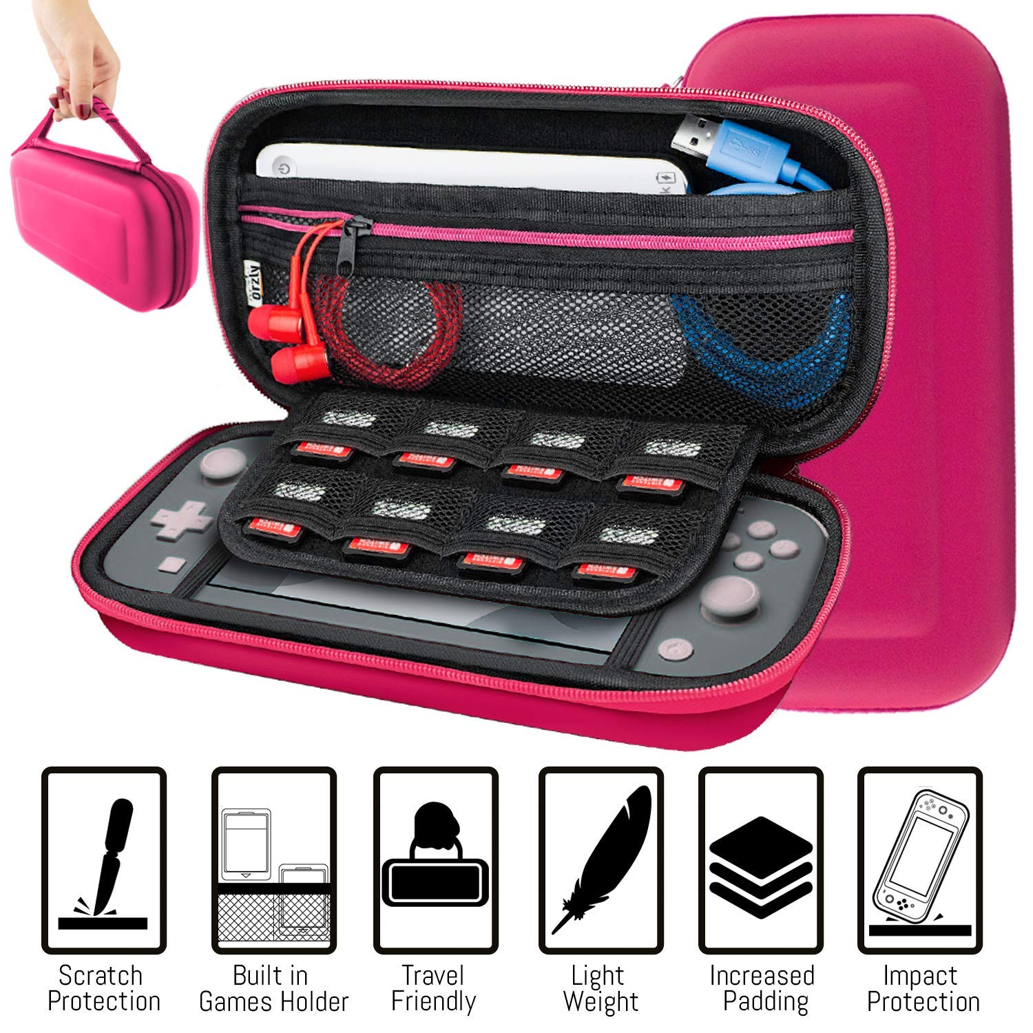 Orzly Kit Accessori per Nintendo Switch Lite - Include: Custodia e Pellicola Protettiva Switch Lite, Grip Case Cover, Cavo USB, Cuffie, e Altri Accessori Switch Lite (Rosa)