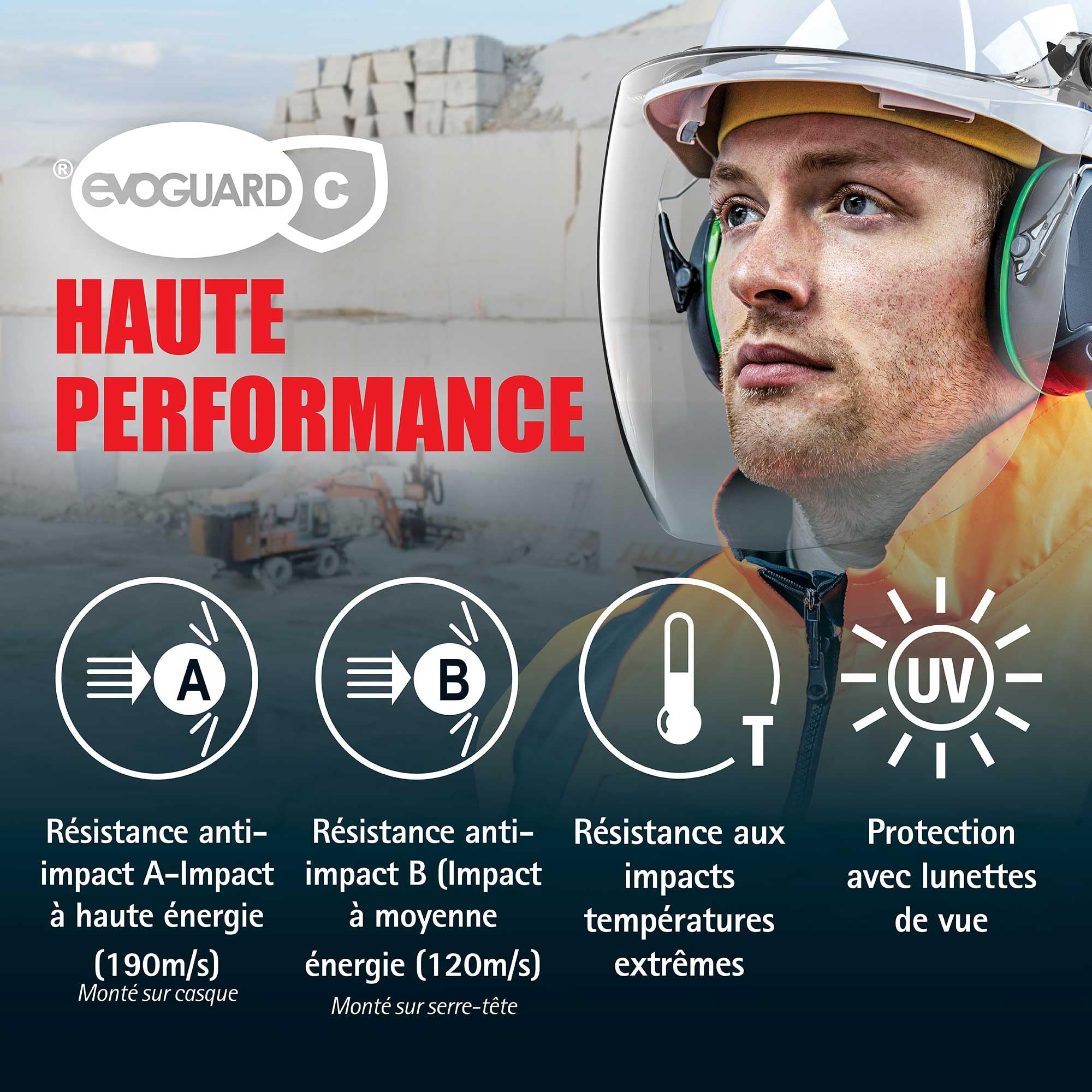 JSP EVOGuard C1 Visière Transparente Polycarbonate pour BTP et Industrie | Visière polycarbonate transparente avec protection UV et anti-impact. Compatible JSP EVO. EN 166 & EN 170.