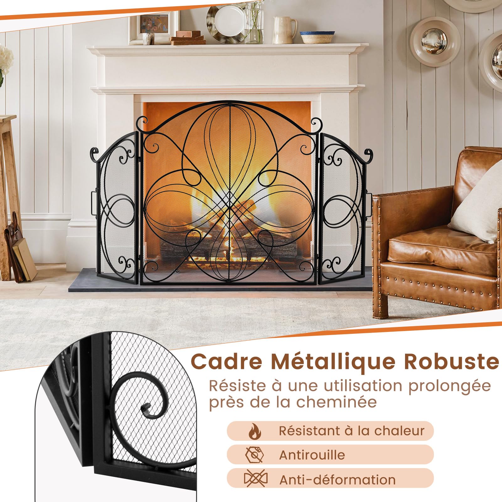 COSTWAY Pare Feu Cheminée Pliable 3 Panneaux, Écran de Cheminée en Fer Forgé, 151 x 83 cm, Pare-étincelles en Maille Design Fleur, Aucun assemblage, Grille de Protection pour Poêle