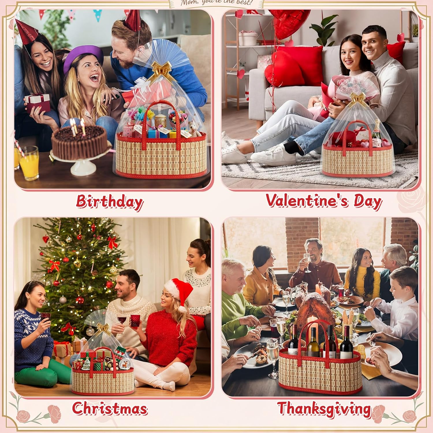 Reallnaive 3 Set Large Mother's Day Gift Basket Empty 15.8 x 7.9 x 6.3 in Woven Bamboo Gift Basket Kit with Handle Clear Wrap Bag Ribbon for DIY Birthday Housewarming Party Wrapping