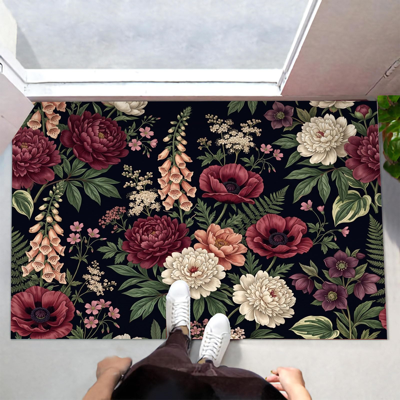Zerbino Ingresso Interno Floreale Gotico Retrò, Zerbino Di Benvenuto Lavabile Morbida Peonia Misteriosa Papavero, Antiscivolo Tappeto Da Decorazioni Rosso Scuro Per Casa Porta, 60X90Cm