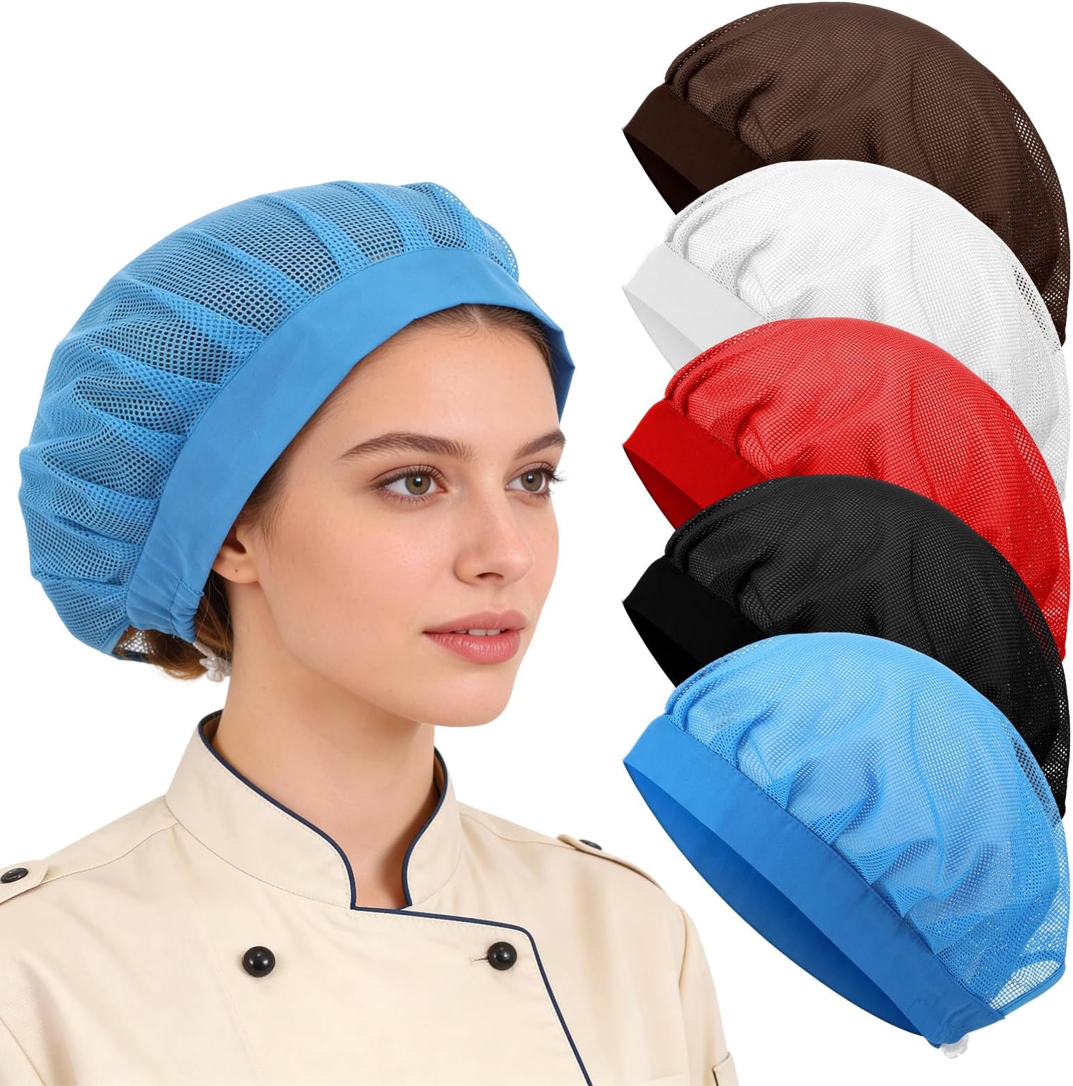 5 PCS Chef Hat, Elastic Kitchen Cooking Chef Cap Reusable Breathable Mesh Chef's Hat Adjustable Food Service Hats Washable Mesh Cap Bouffant Work Hats Hair Nets for Cooking Food Prep, Manufacturing