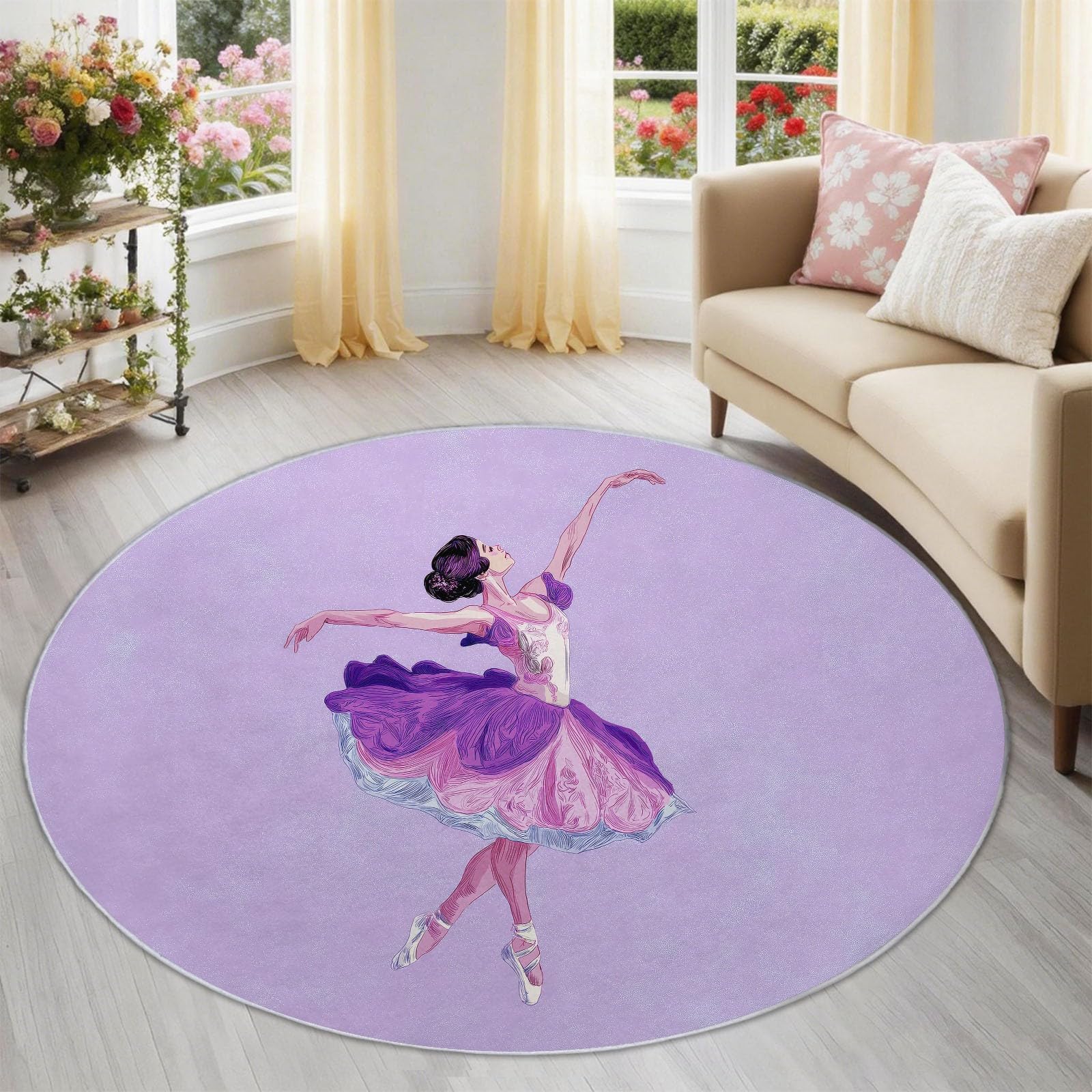 Generico Viola Ballerina Tappeto Rotondo Salotto 120 cm, Lavabile e Antiscivolo, Incantevole Raffinata e Sognante Pelo Corto Morbido per Camera e Studio, Ideale per Famiglie
