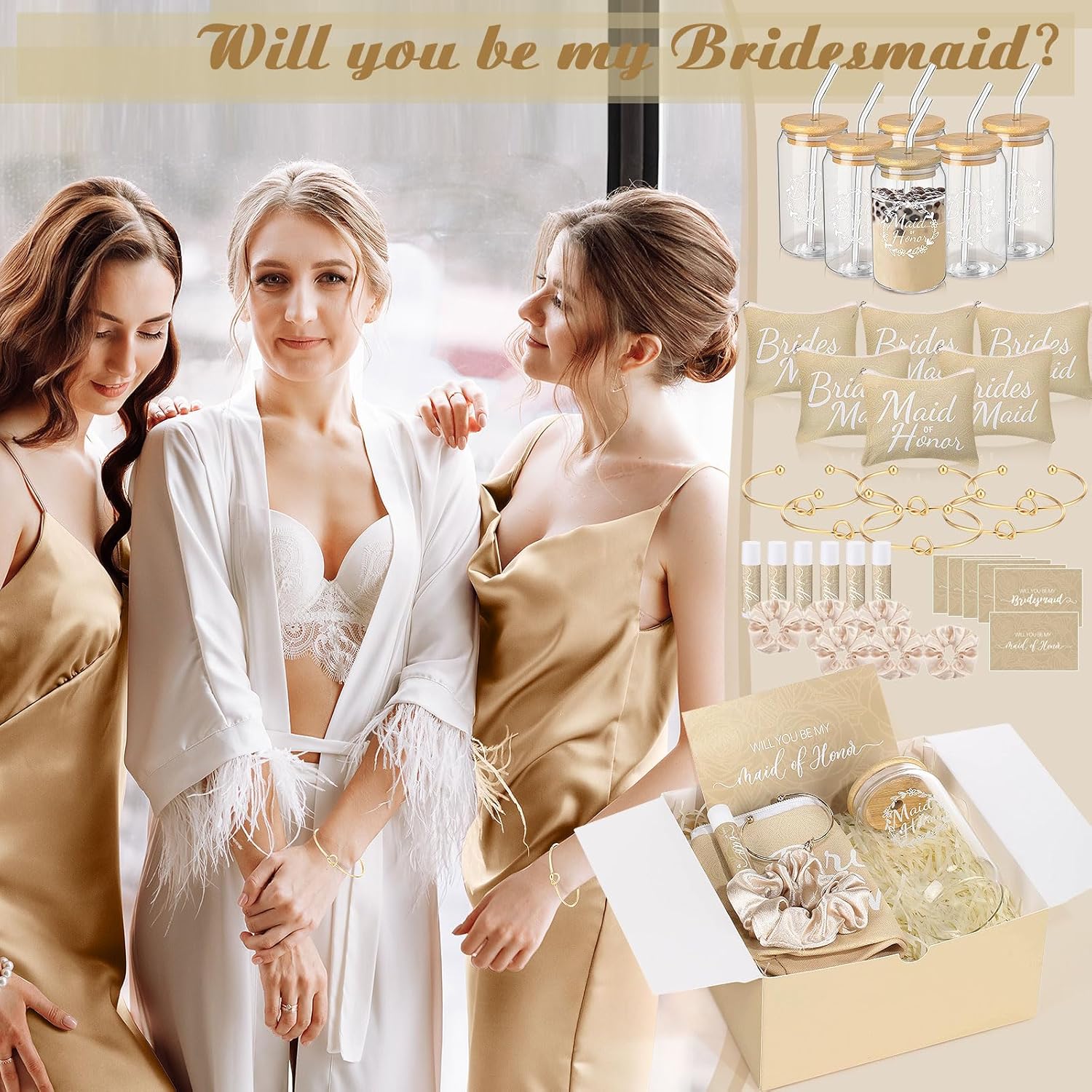 72 Pcs Bridesmaid Proposal Gifts, Will You Be My Bridesmaid, Bride Maid and Matron of Honor Gifts Include Gift Box Glass Cup Makeup Bag Cards Lip Balm Hair Scrunchie Bracelet(Beige Color) - Image 5