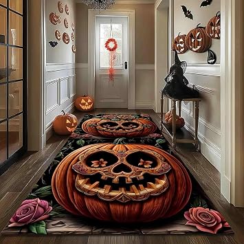 Halloween Pumpkin Runner Rug,2x6ft Floral Pumpkin Hallway Carpet,Cartoon Halloween Head Rug,Non-Slip Washable Rugs for Boys Girls Room,Living Room Bedroom Bedside Decorative RugCarpet2