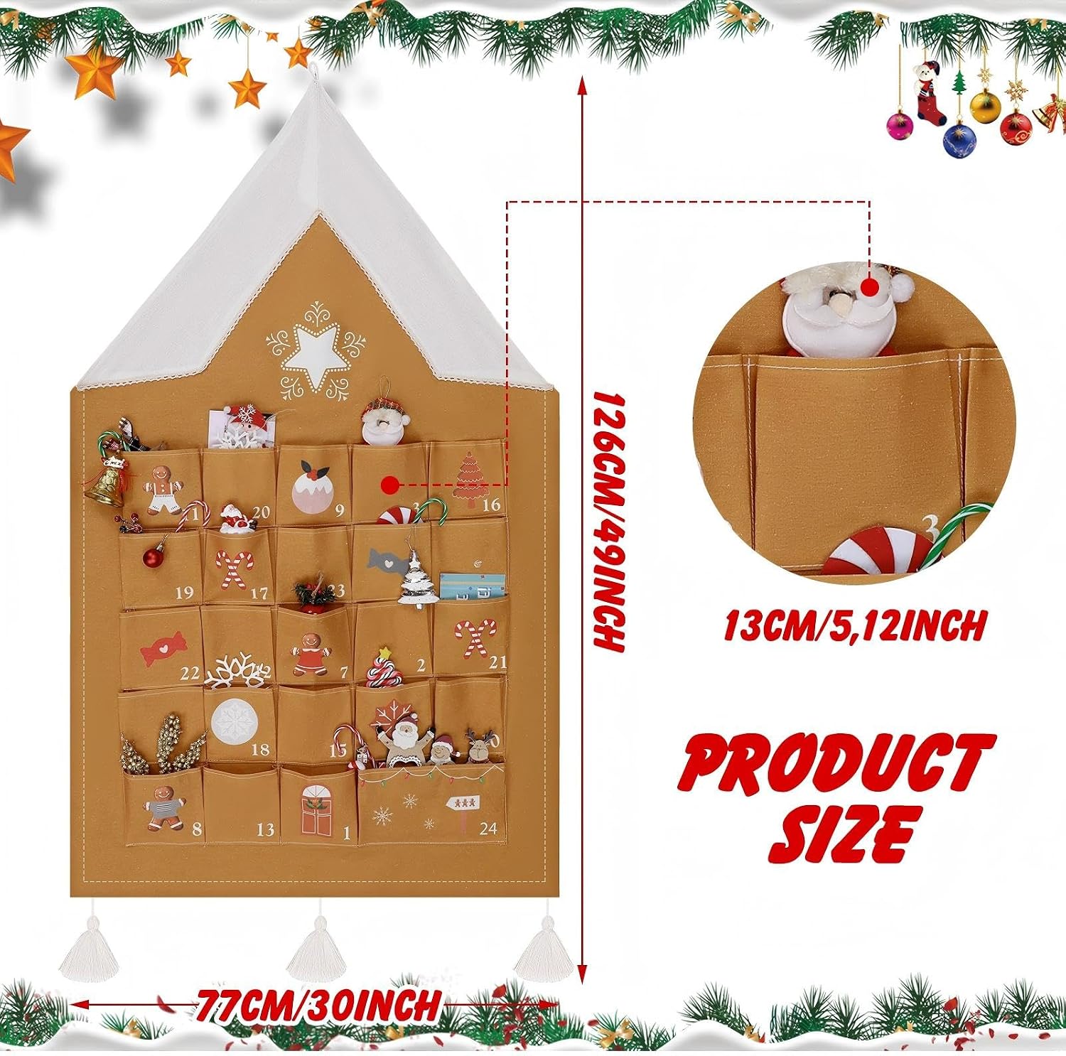SATINIOR Christmas Advent Calendar with Pockets Gingerbread Empty Advent Calendar to Fill 24 Days Reusable Natural 24 Days Countdown Hanging Storage Bag for Home Xmas Countdown Decoration