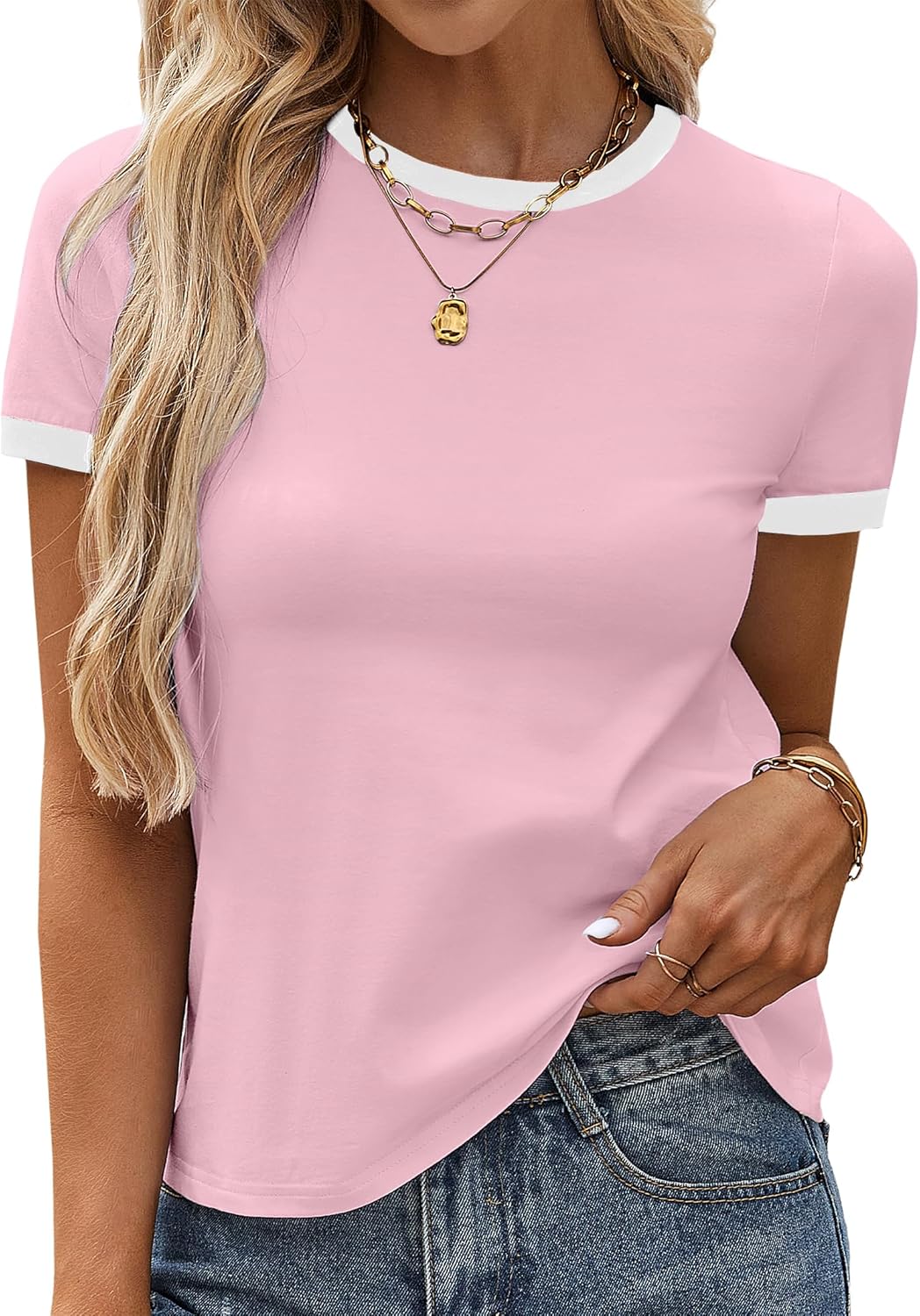 SOFIA'S CHOICE Ringer Tee Women Crew Neck Color Block Basic Summer Casual Short Sleeve T Shirt - Image 2