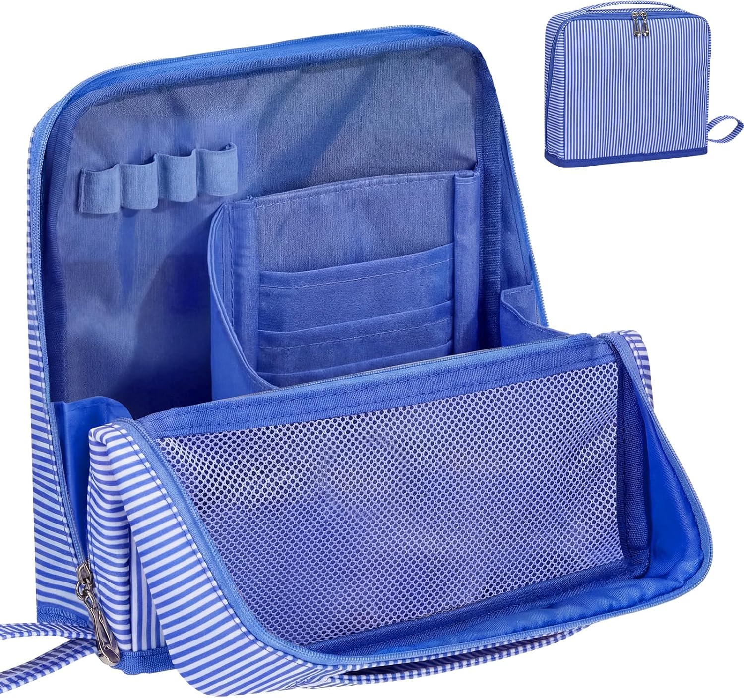 Striped Makeup Bag Large Cosmetic Bags for Mother's Day Women Gift with Brush Loops Mesh Pocket Wrist Strap Travel Organizer Storage Mirror Pouch Toiletry Case with Divider(Blue)