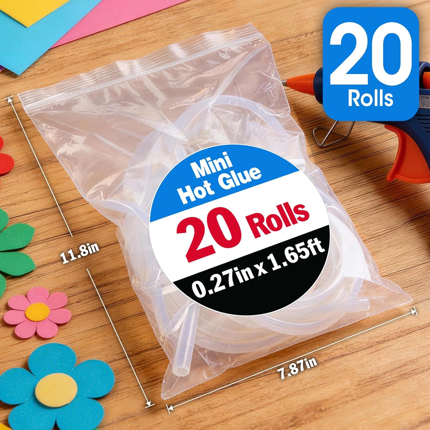 20 Pack Mini Hot Glue Stick Rolls, Each 1.65 FT Long x 0.27" Diameter Glue Sticks for Glue Gun, Perfect Fit for Mini Glue Guns, Widely Used in Wood, Metal, Glass, Plastic, Floral, Fabric, and More