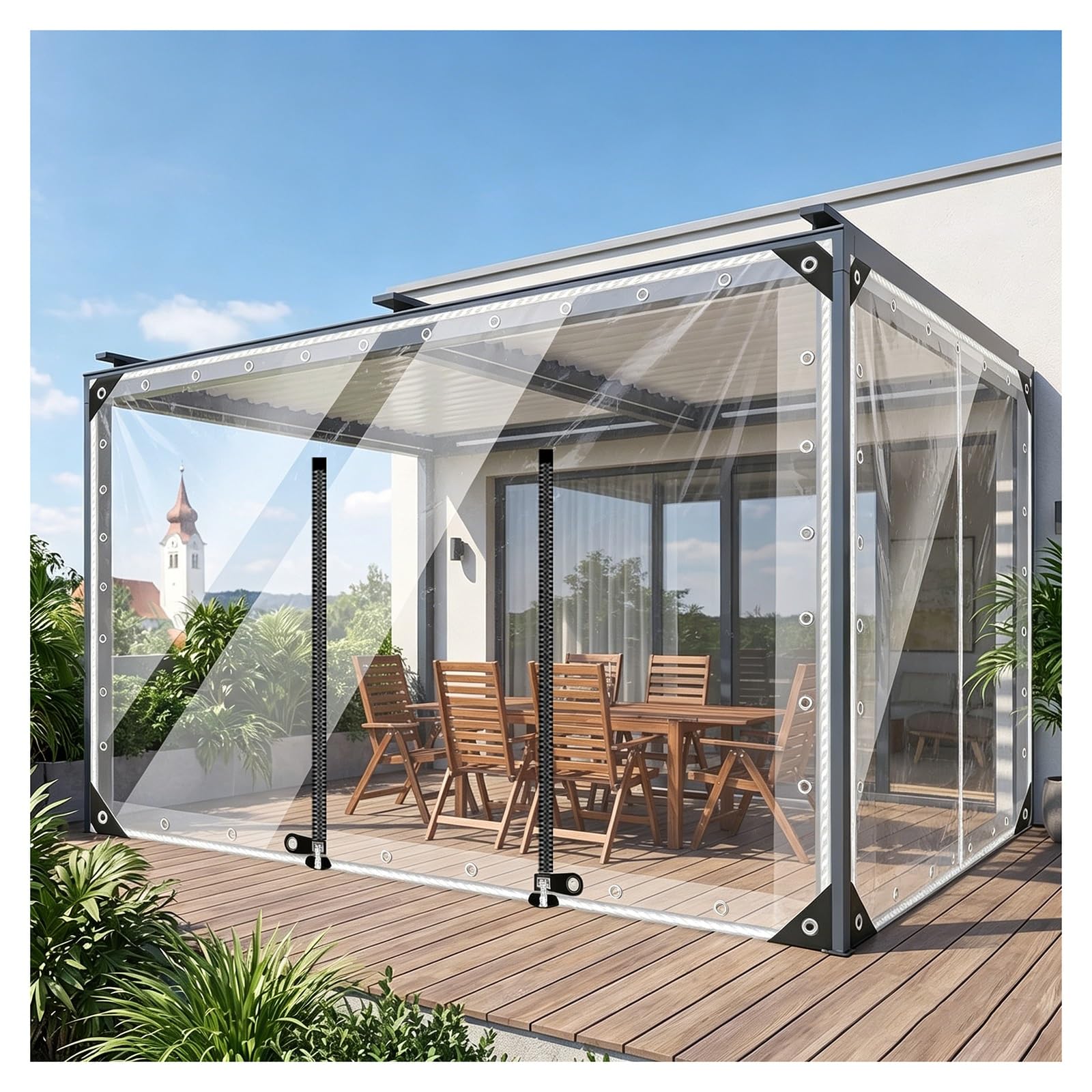 Clear waterproof tarp with zip door，clear tarps heavy duty waterproof，waterproof curtains for outside patio，clear tarps with grommets，for Porch,Deck, Balcony,Pergola(H2.1xW3.5m/H6.8xW11.4ft)