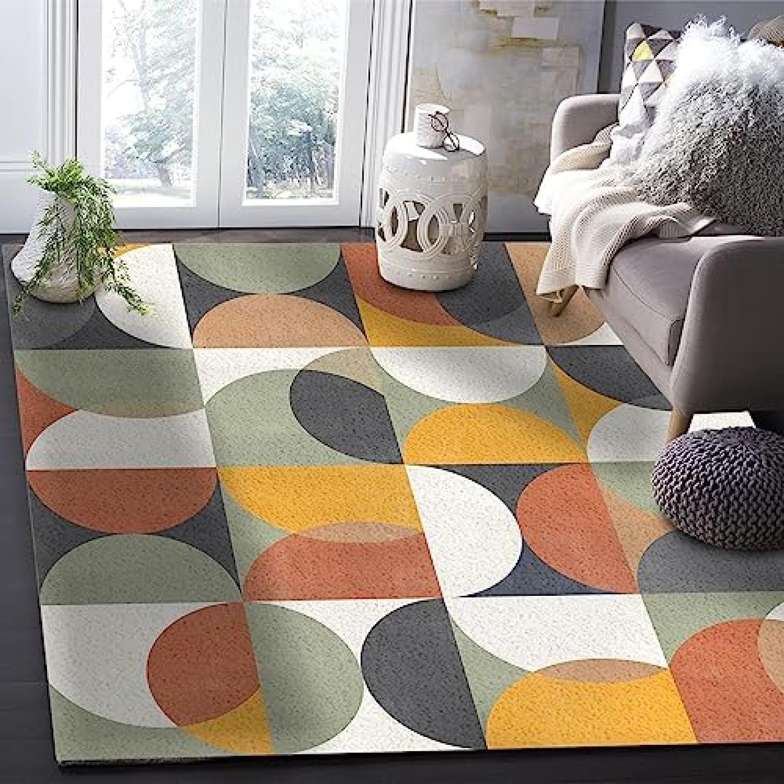 Tapis de Salon Vintage Abstrait du Milieu du siècle, Motif géométrique en Demi-Cercle, antidérapant, Lavable, pour Chambre à Coucher, Tapis d'intérieur Orange, Vert, Noir, Jaune, 120 x 180 cm