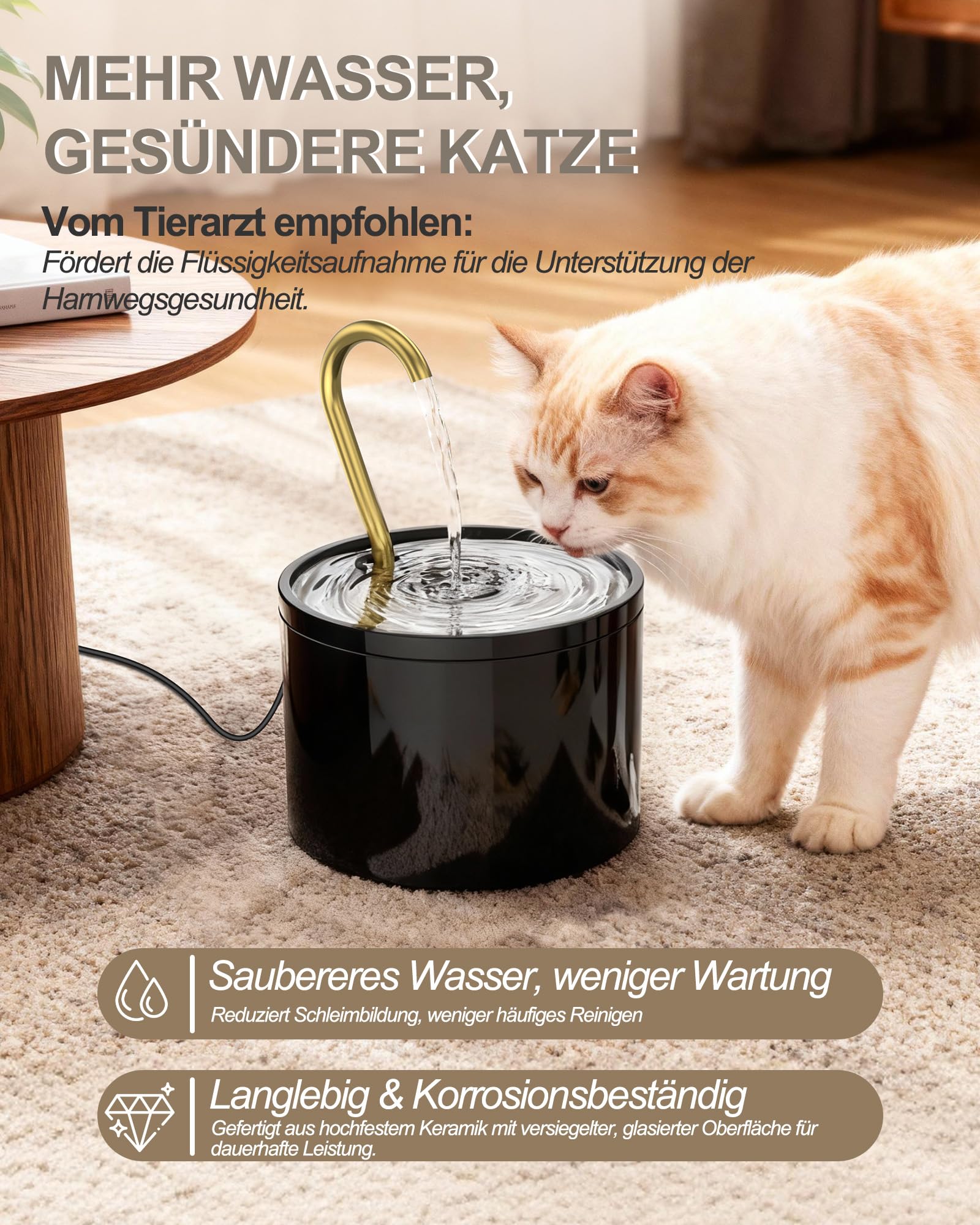 Kittyspout Keramik-Katzenbrunnen, 1,2 L, mit 2 Filtern, schwarz | mit 3 Wasserstufen und Kupferrohr, Leiser Trinkbrunnen für Katzen und kleine Hunde