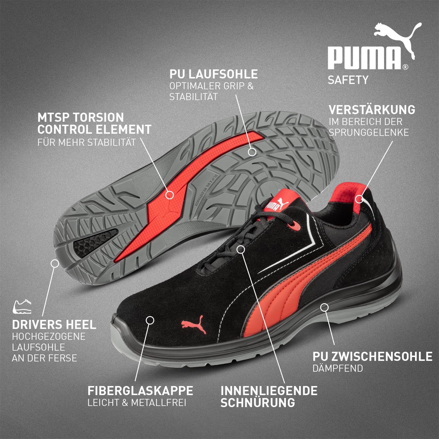 PUMA Safety Touring Black Suede Low Sicherheitsschuhe S3 ESD SRC mit Fiberglaskappe Sneaker Arbeitsschutzschuhe in Motor Sport Optik