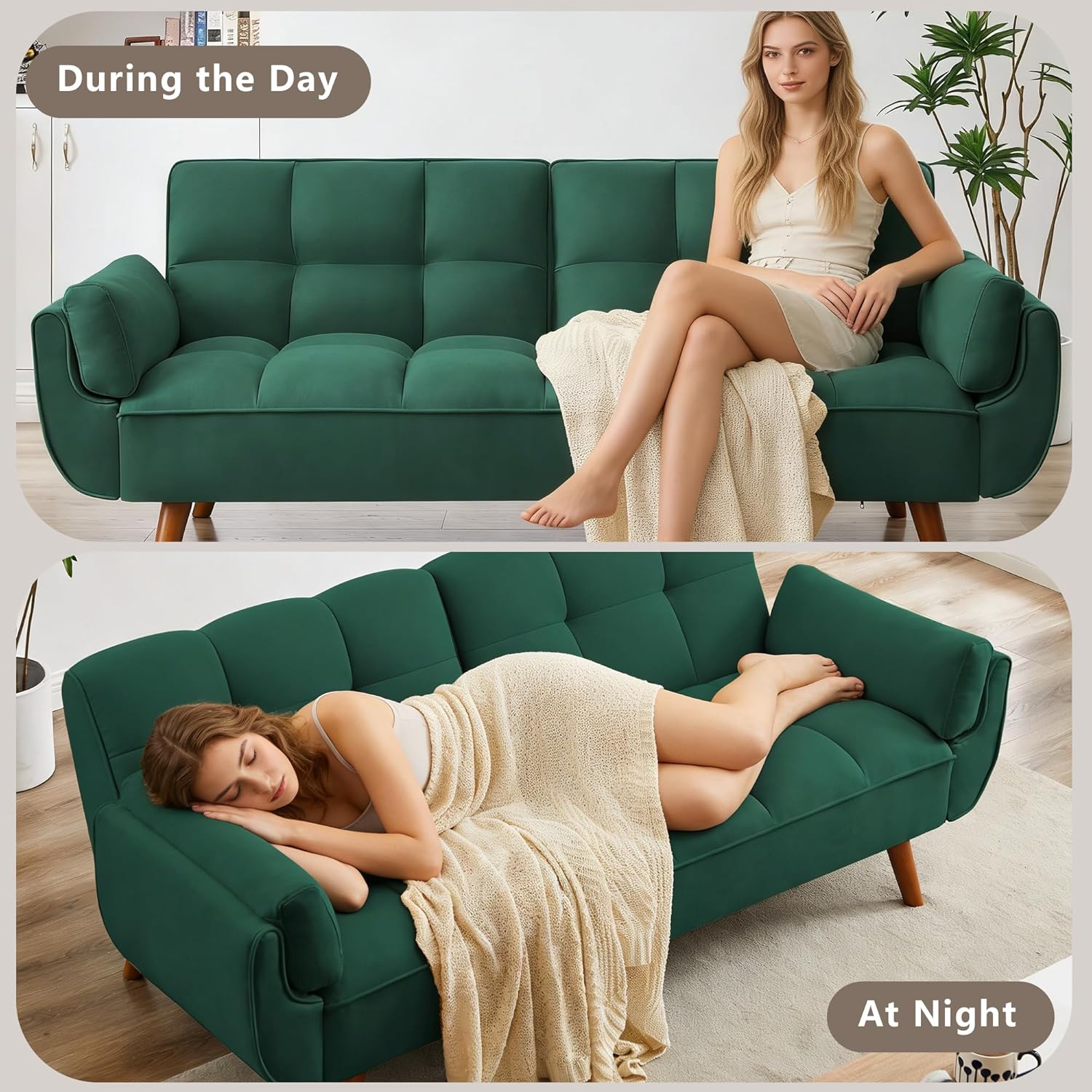 mikibama Futon Sofa Bed Modern Convertible Sleeper Sofa, 75” Linen Twin Size Futon Couch Comfy Recliner Sofa Couch with Adjustable Split Backrest for Living Room Small Spaces, Green