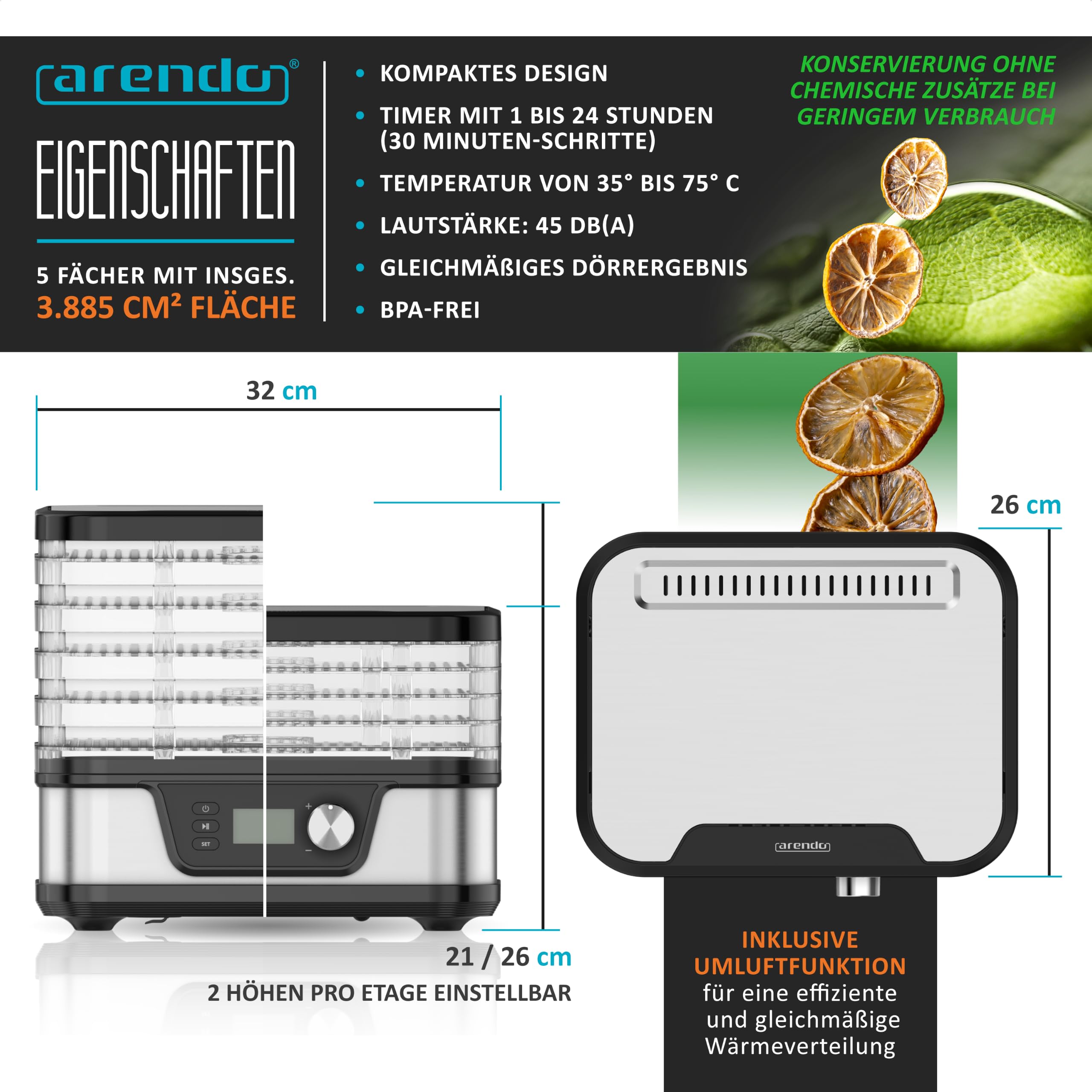 Arendo - Dörrautomat Edelstahl mit Temperaturregler - Edelstahl Dörrgerät für Lebensmittel Fleisch Früchte Gemüse - mit Timer bis zu 24 h - 35-75 Grad - 5 Einlegefächer - GS - Dehydrator - BPA frei