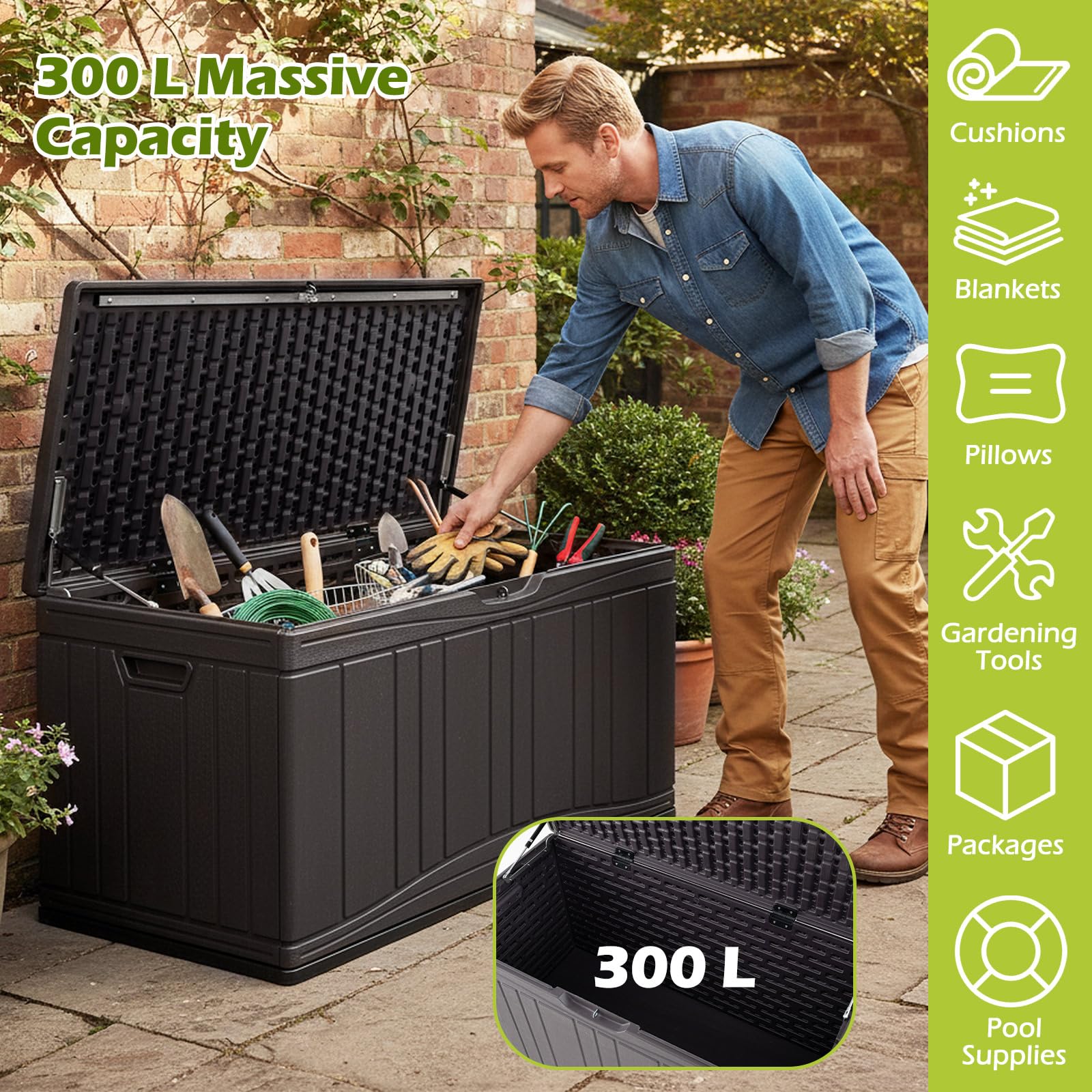 GIANTEX Baúl de Almacenaje para Jardín con Capacidad de 300L, Arcón Exterior de Resina con Tapa y Orificio para Candado, Contenedor Impermeable para Patio, Terraza, 114 x 55 x 61 cm (Marrón)