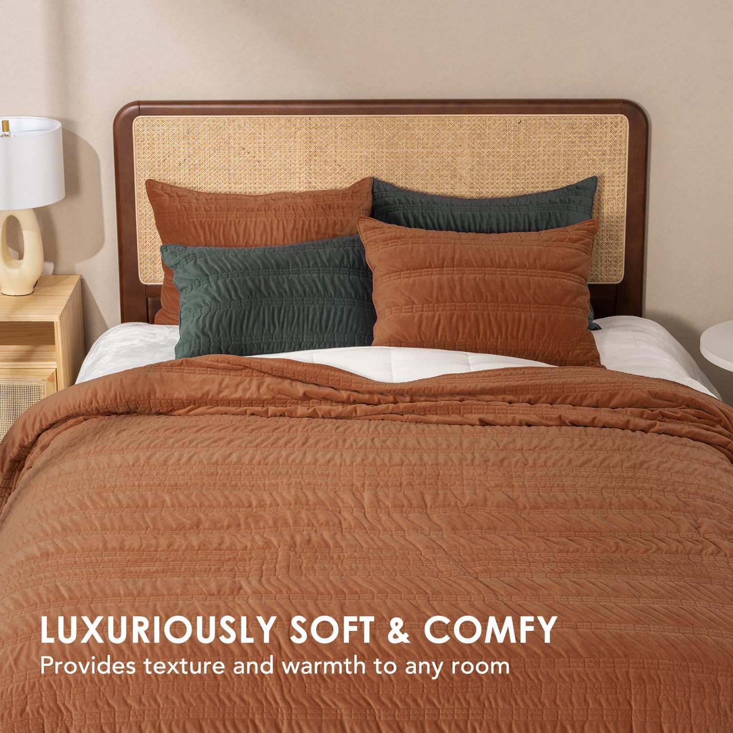 EVERGRACE Velvet Quilt Queen Size, Luxury Velvet Bedding Set, Ultra Soft Ruched Quilt Sets, Lightweight Comforter Vintage Textured Bedspread Coverlet with 2 Shams for All Season, Burnt Orange - Image 2