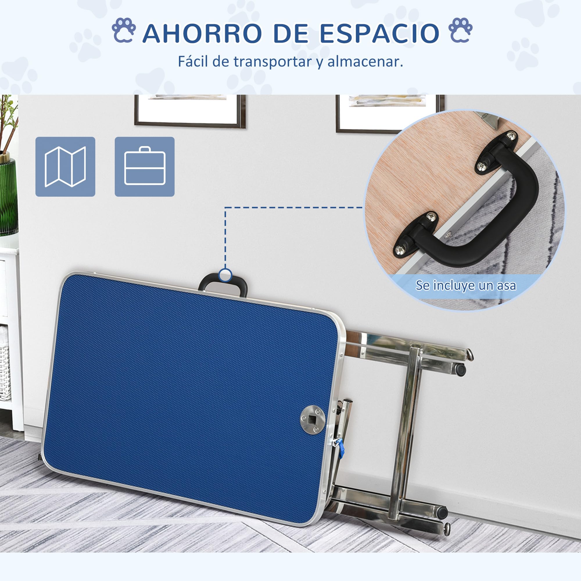 PawHut Mesa de Peluquería para Mascotas Mesa de Aseo 72x45x74-81 cm Azul | Altura Regulable, Encimera Antideslizante, Patas Plegables de Acero Inoxidable, Asa y Brazo con Altura Ajustable