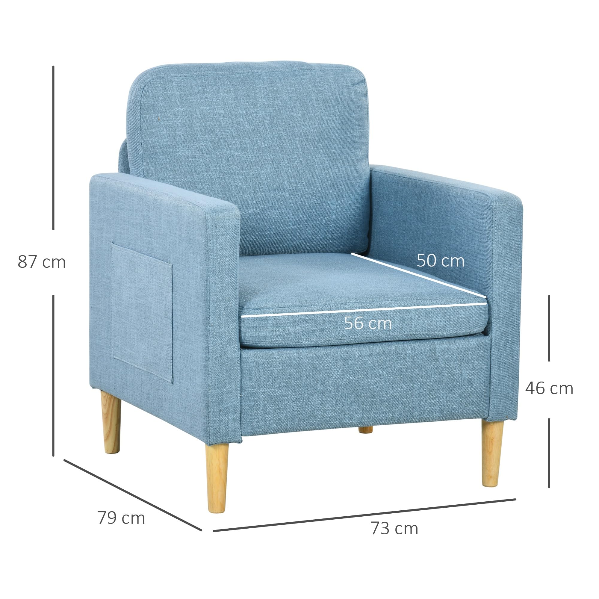 HOMCOM Butaca de Salón Sillón Relax con 2 Bolsillos Laterales Reposabrazos Asiento Acolchado y Patas de Madera Sofá Individual de Moderno para Dormitorio 73x79x87 cm Azul Claro
