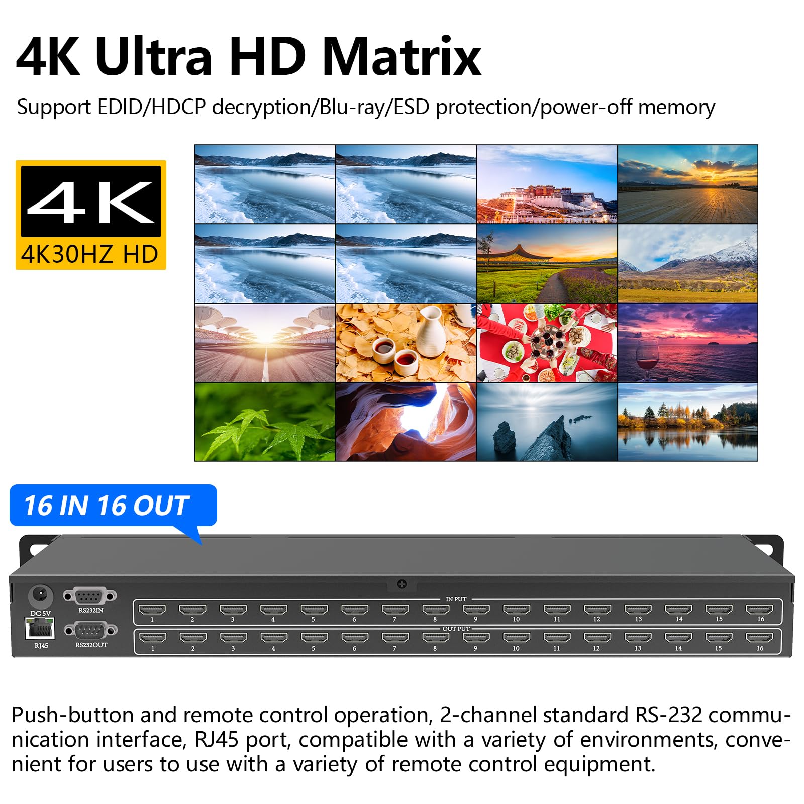 ICUIXIAN Switch a matrice HDMI 16x16 4K/30Hz-1080P/120Hz, matrice HDMI a 16 ingressi-16 uscite supporta Web GUI, RS232 e telecomando IR, EDID, HDCP, Dolby Digital, DTS-HD trasmissione audio principale