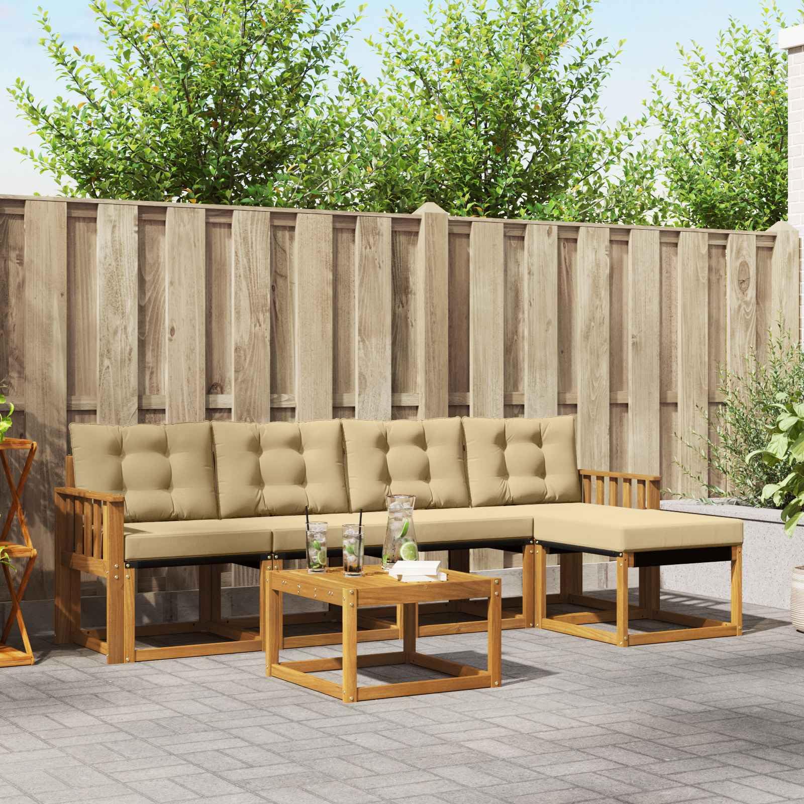 Outdoor-Sofagarnitur 6-teilig, wetterfestes Akazienholz und Textilene, modulare Sitzgruppe für Garten, Terrasse, Balkon, modernes Design, langlebige, Pflegeleichte Sitzmöbel, inklusive Tisch