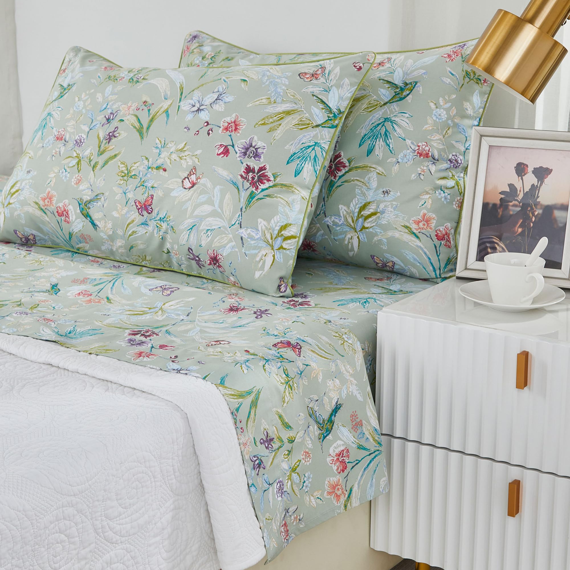 Brandream Bed Sheets Garden Style Butterfly Floral Bedding Elegant Watercolor Painting Farmhouse Queen Size Sheets Set Luxury Bedding