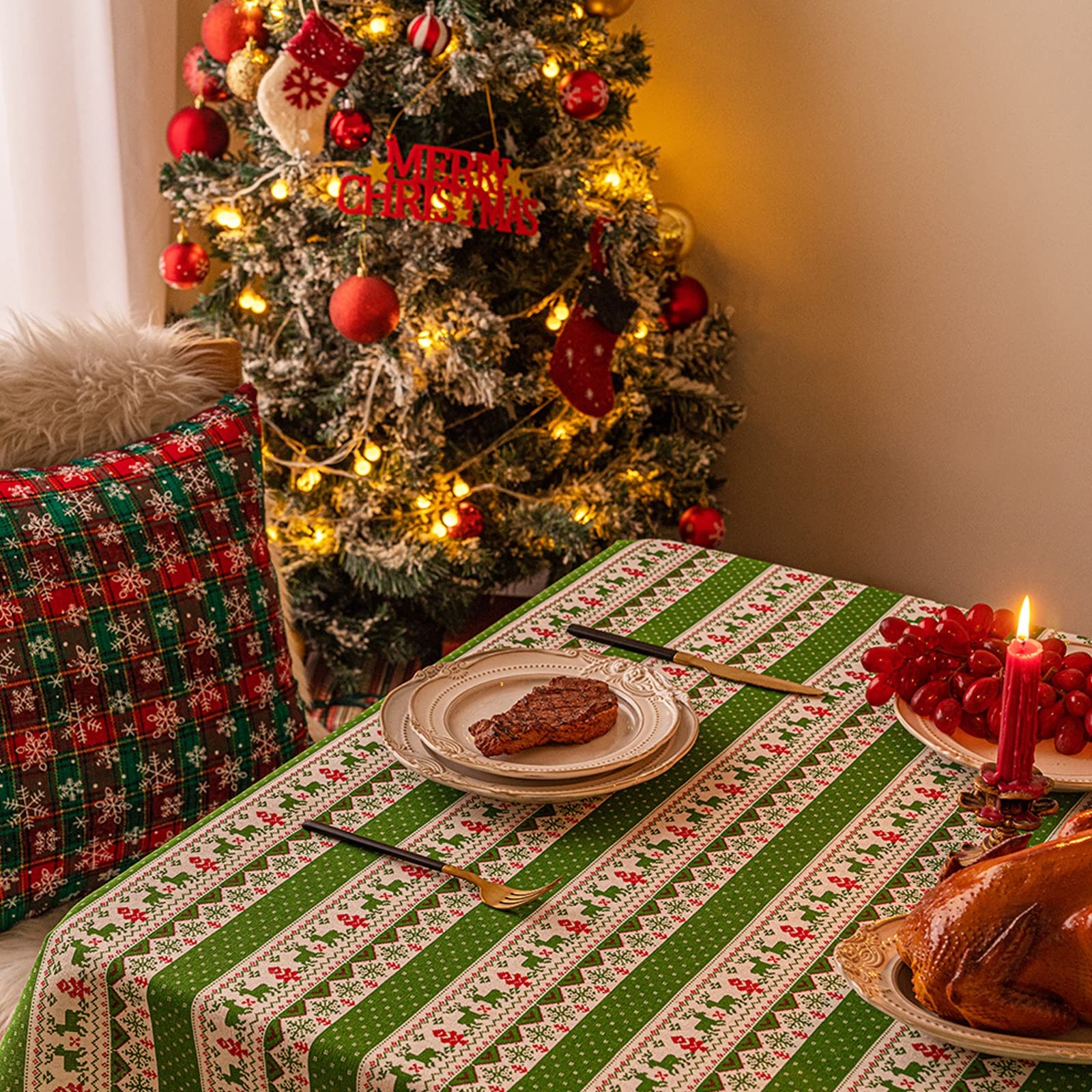 Nappe infroissable avec coutures jacquard pour cuisine, salle à manger, fête de Noël – 140 x 241 cm