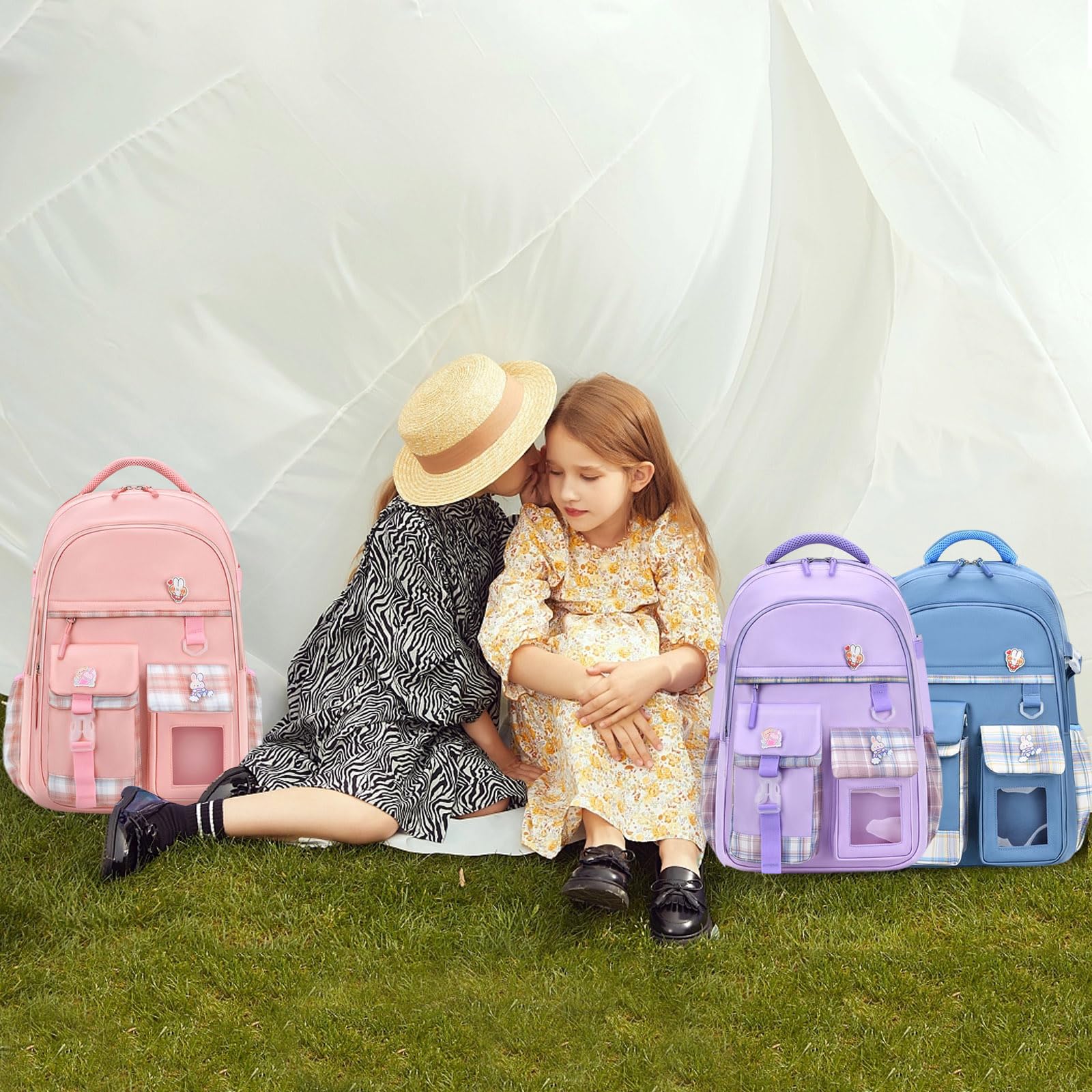 FANDARE Zaino per bambini Zainetti Cartelle Zaino Scuola Elementare Zaino Casual Ragazze Ragazzi Zainetto per Studenti Primarie Viaggiare con ciondolo in peluche & Badge carino Cielo blu