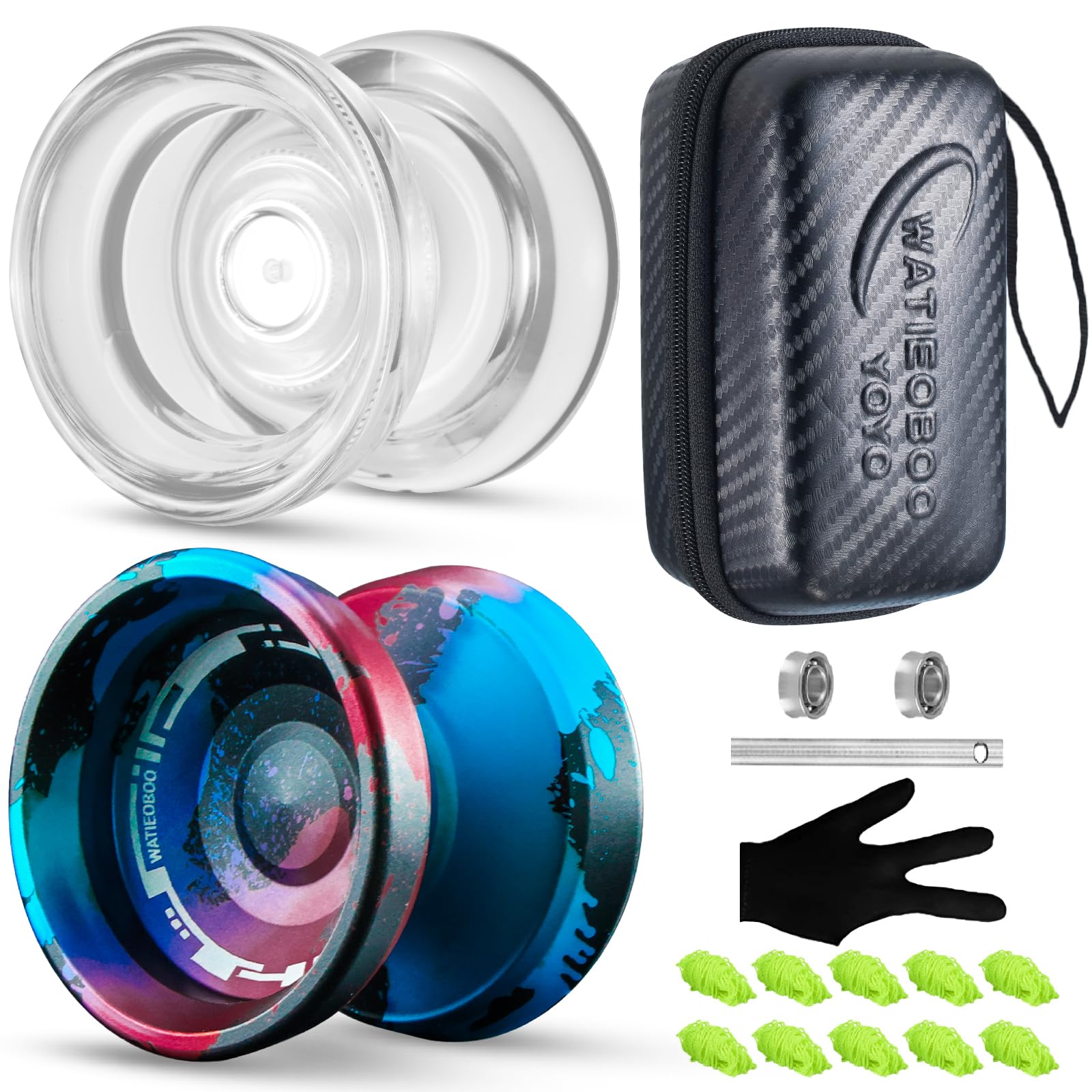 WATIEOBOOYOYO P02+M18 YoYo Perfect Set, Dual Mode yoyo (Professional Responsive and Non-Responsive), Suitable for Yo-yo Beginners Kids and Adult Professional Players, yoyo Tricks Performance P02 White+M18 Black Blue Red
