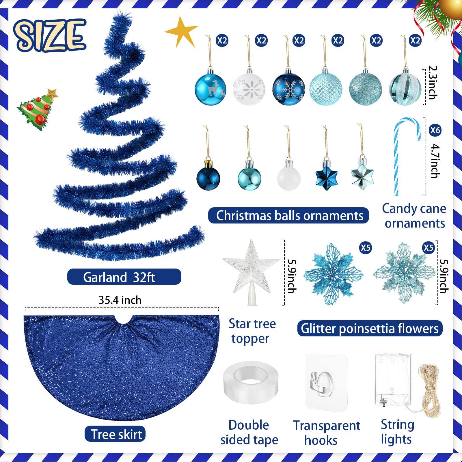 HyDren Lot de 91 décorations de sapin de Noël à suspendre au mur avec lumières - Guirlande de Noël de 20 m - Étoile, décoration de sapin - Décoration d'intérieur (bleu)