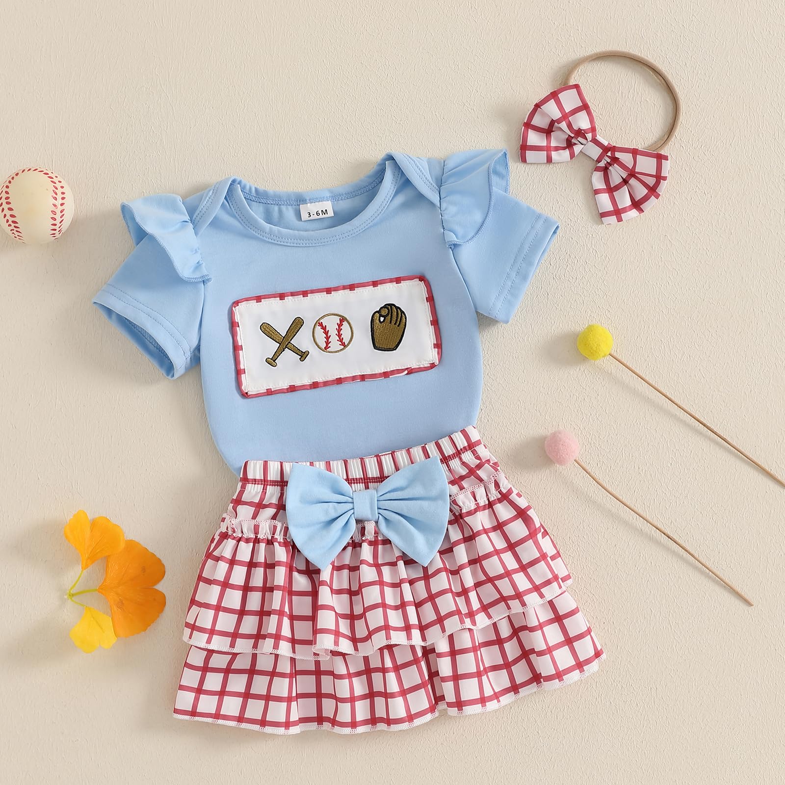 Baby Girl Baseball Outfit Ruffle Short Sleeve Bubble Romper Bow Plaid Tutu Skirt Newborn Summer Clothes Headband 0-18M (Sky Blue, 3-6 Months)