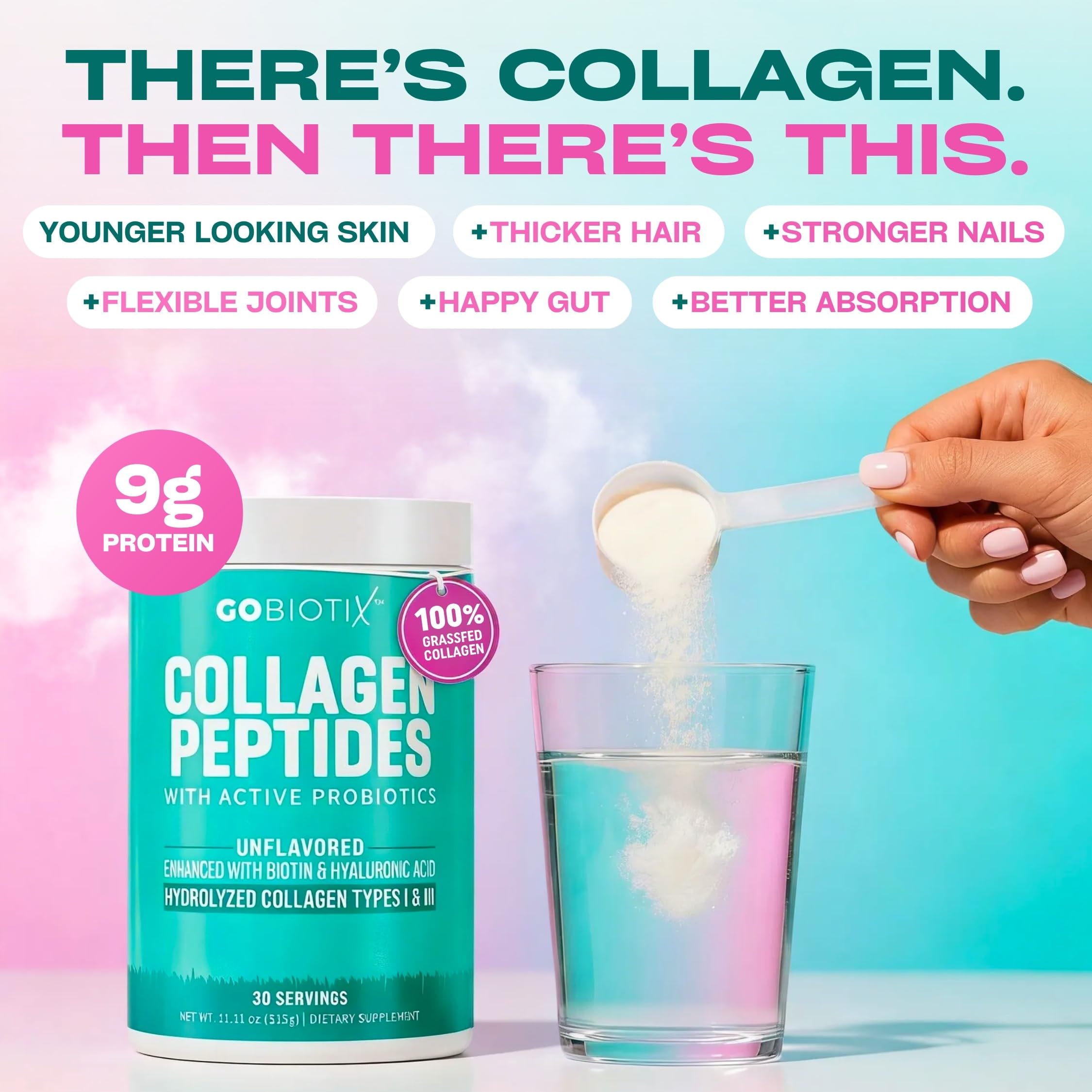 GOBIOTIX Collagen Peptides Powder with Probiotics, Biotin & Hyaluronic Acid - Hydrolyzed Collagen Supplement for Women - Hair Skin Nails, Joint & Digestive Health - Type I & III - 30 Servings — Amazon image 2