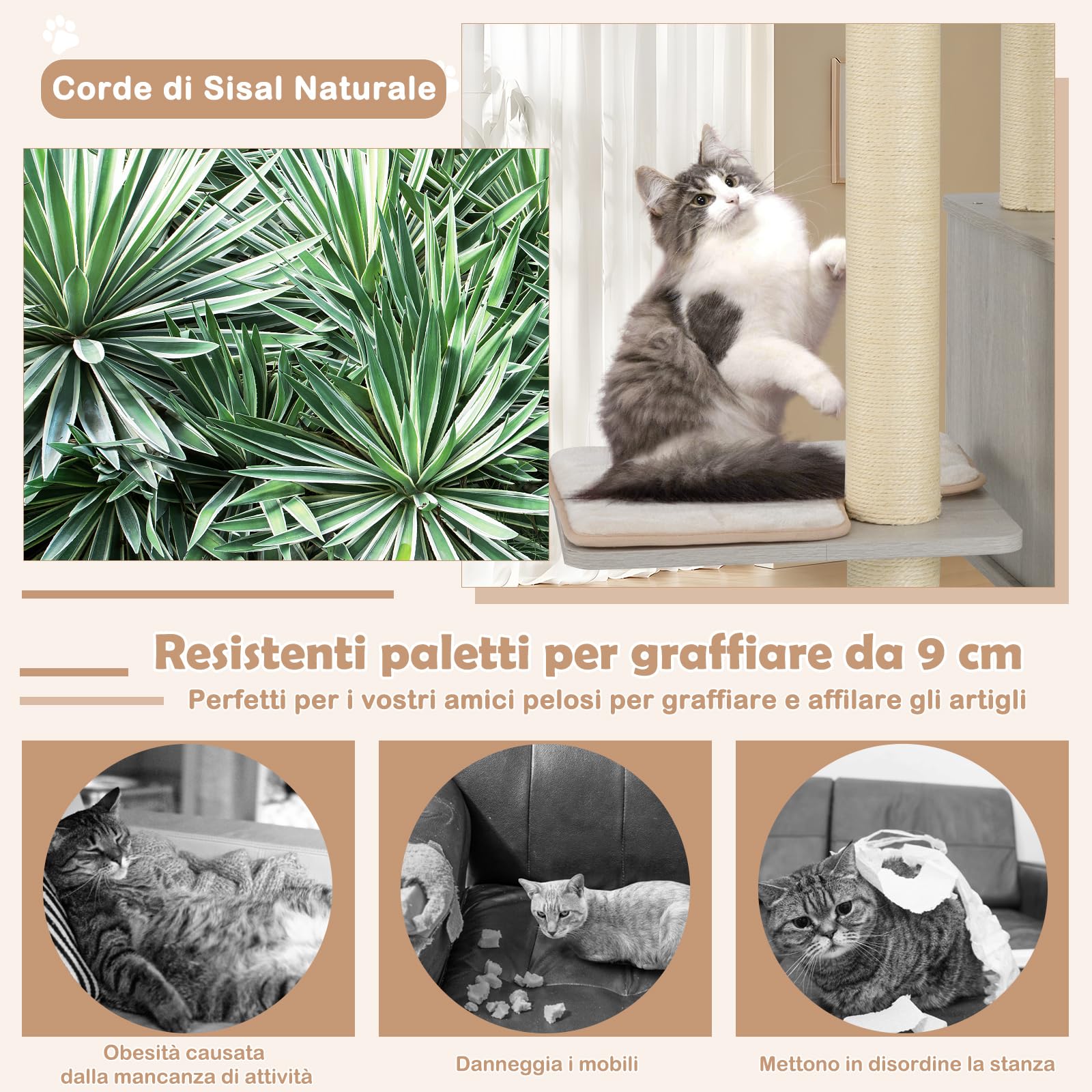 COSTWAY Albero per Gatti 176 cm con 2 Trespoli in Tessuto Felpato, Grigio