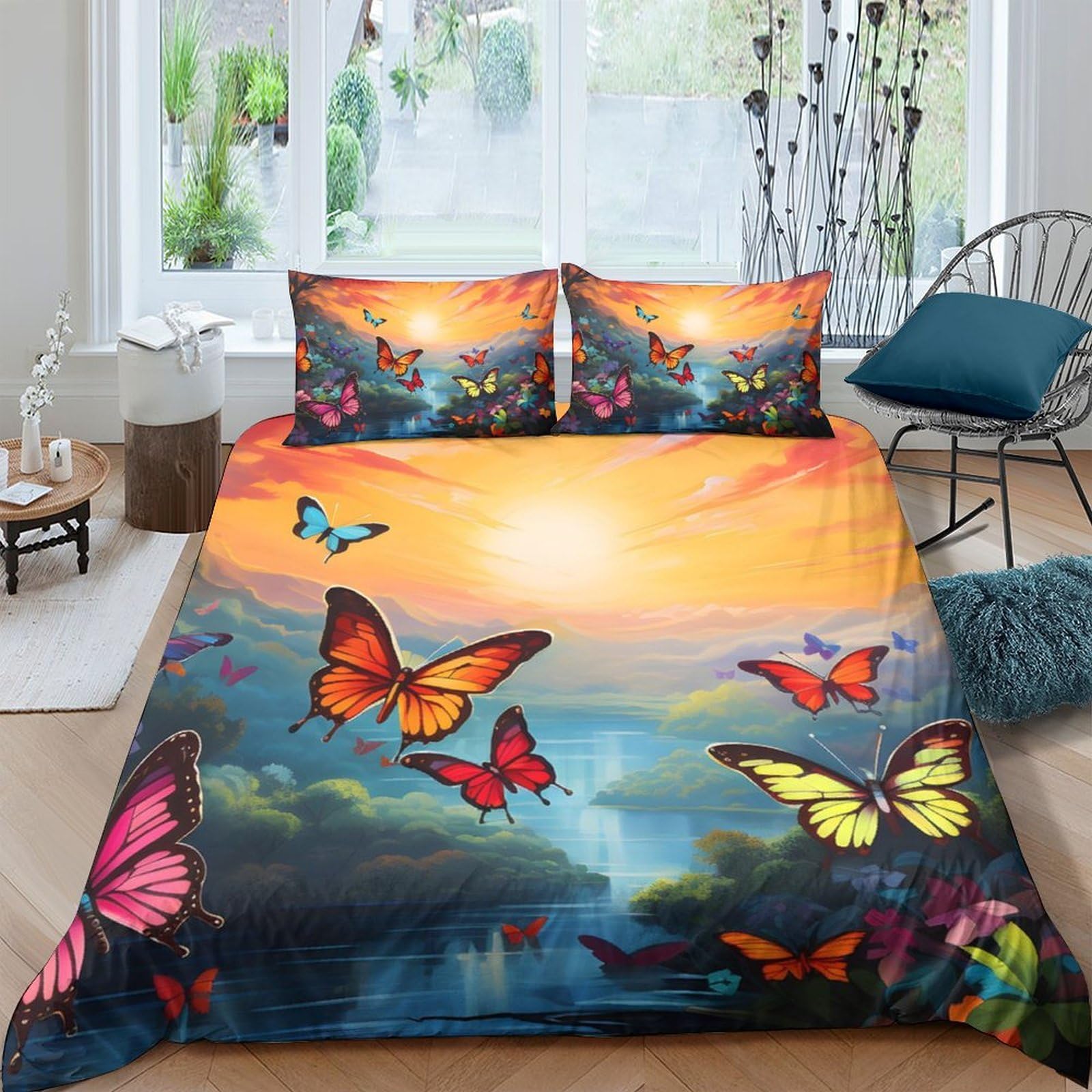 Ctjqhvkz Style-4 3D Printed Sunset Butterfly Fitted Sheet Microfiber Soft Colorful Forest Bed Cover For Bedroom Guestroom Decor Single（135X200cm）