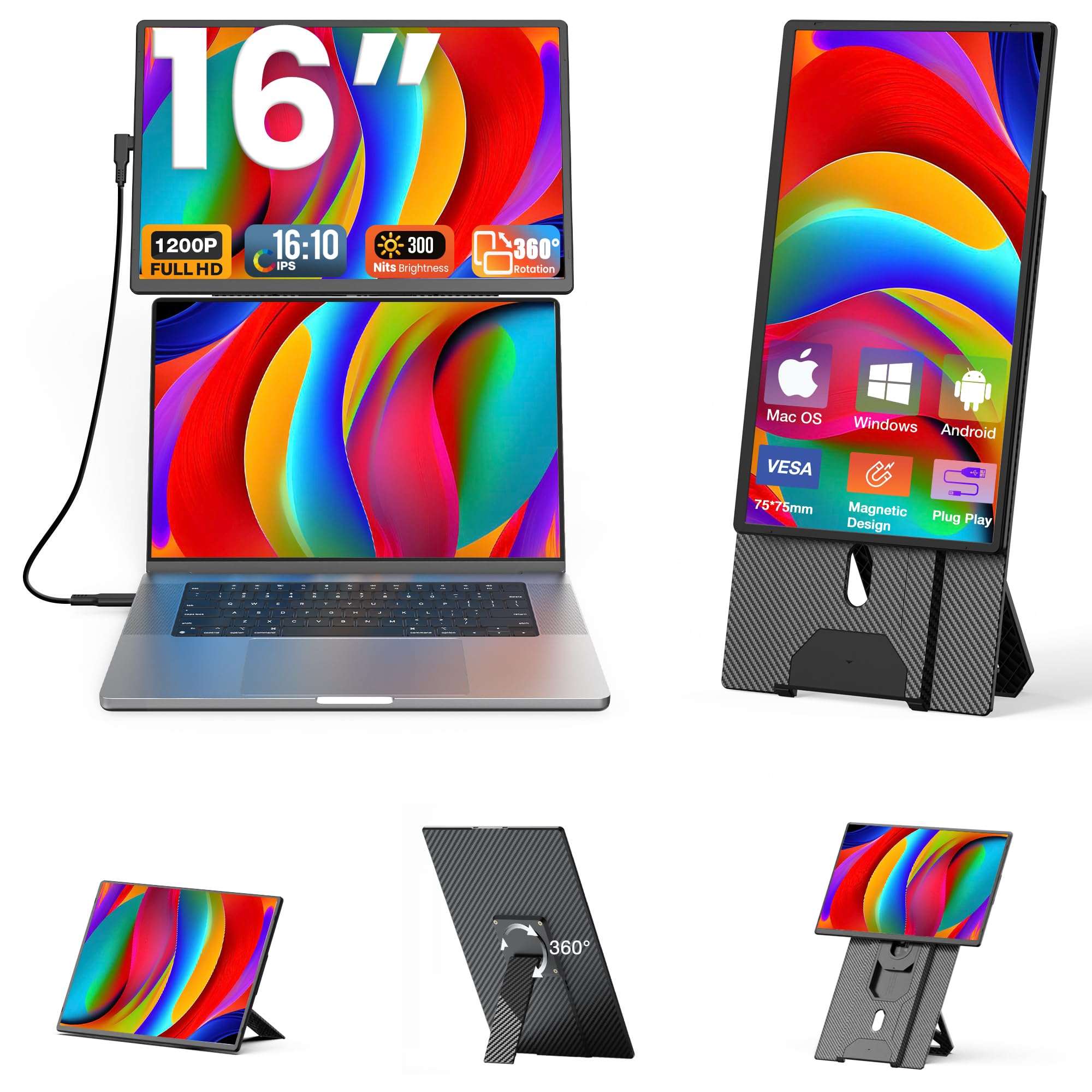 Kwumsy Portable Laptop Screen Extender Monitor, 16 Inch FHD 1200P