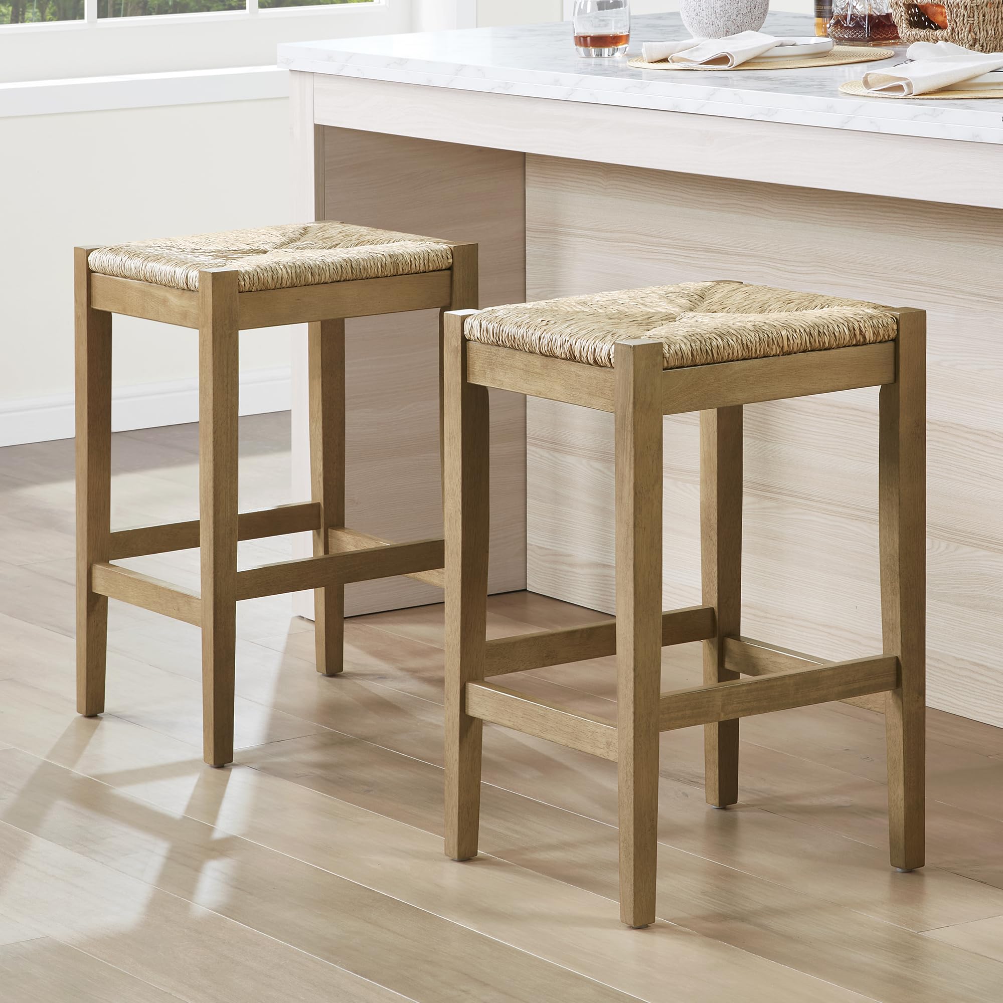 DUHOME 26-Inch Backless Seagrass Counter Stools Set of 2,Handwoven with Natural Fibers&Solid Natural Wood Legs Woven Rattan Rope Bar Stools for