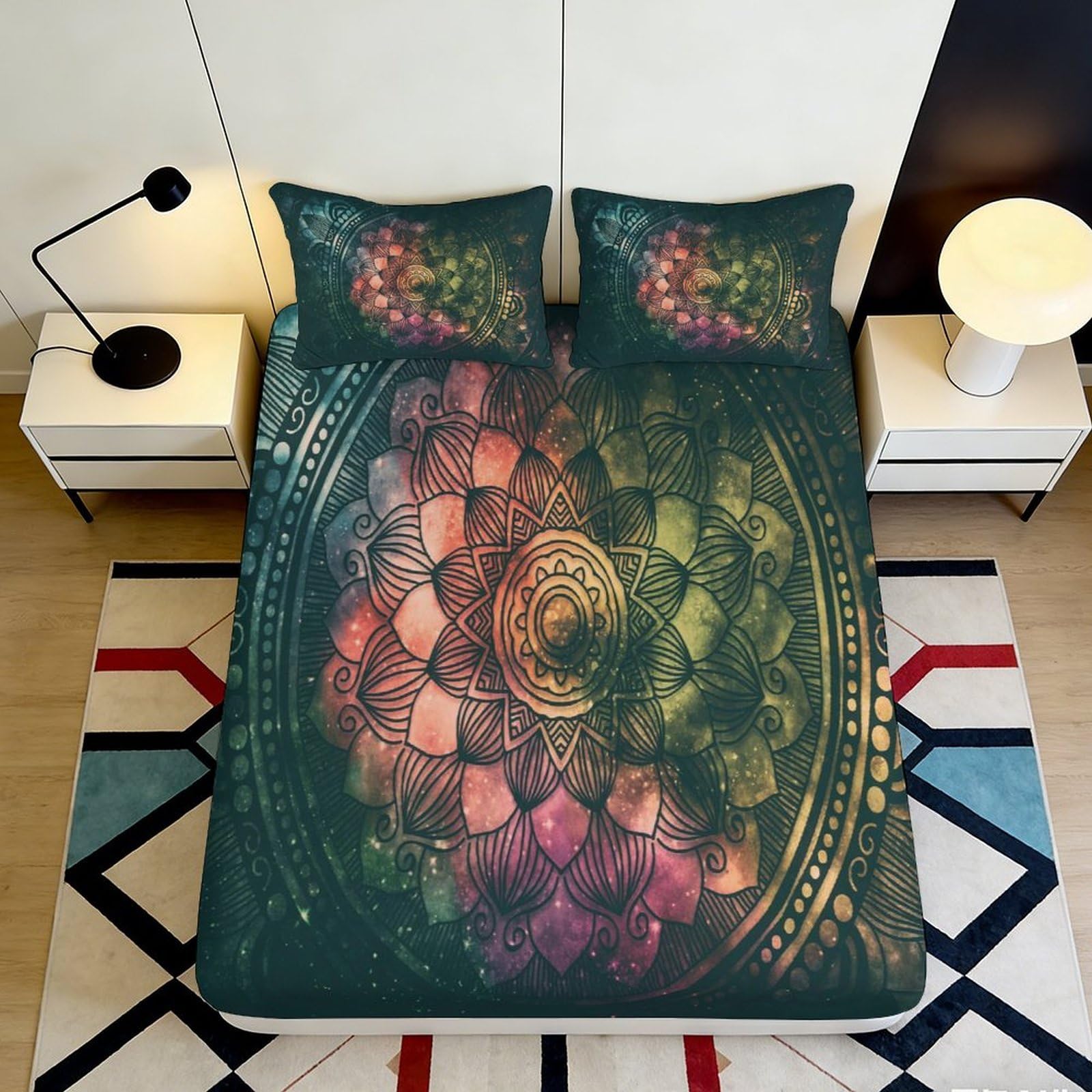 3D Printed Mandala Pattern Fitted Sheet Microfiber Soft Breathable Lotus Flower Bed Cover for Bedroom Dormitory Guest Room Mattress Protection Decor 160x200x25cm
