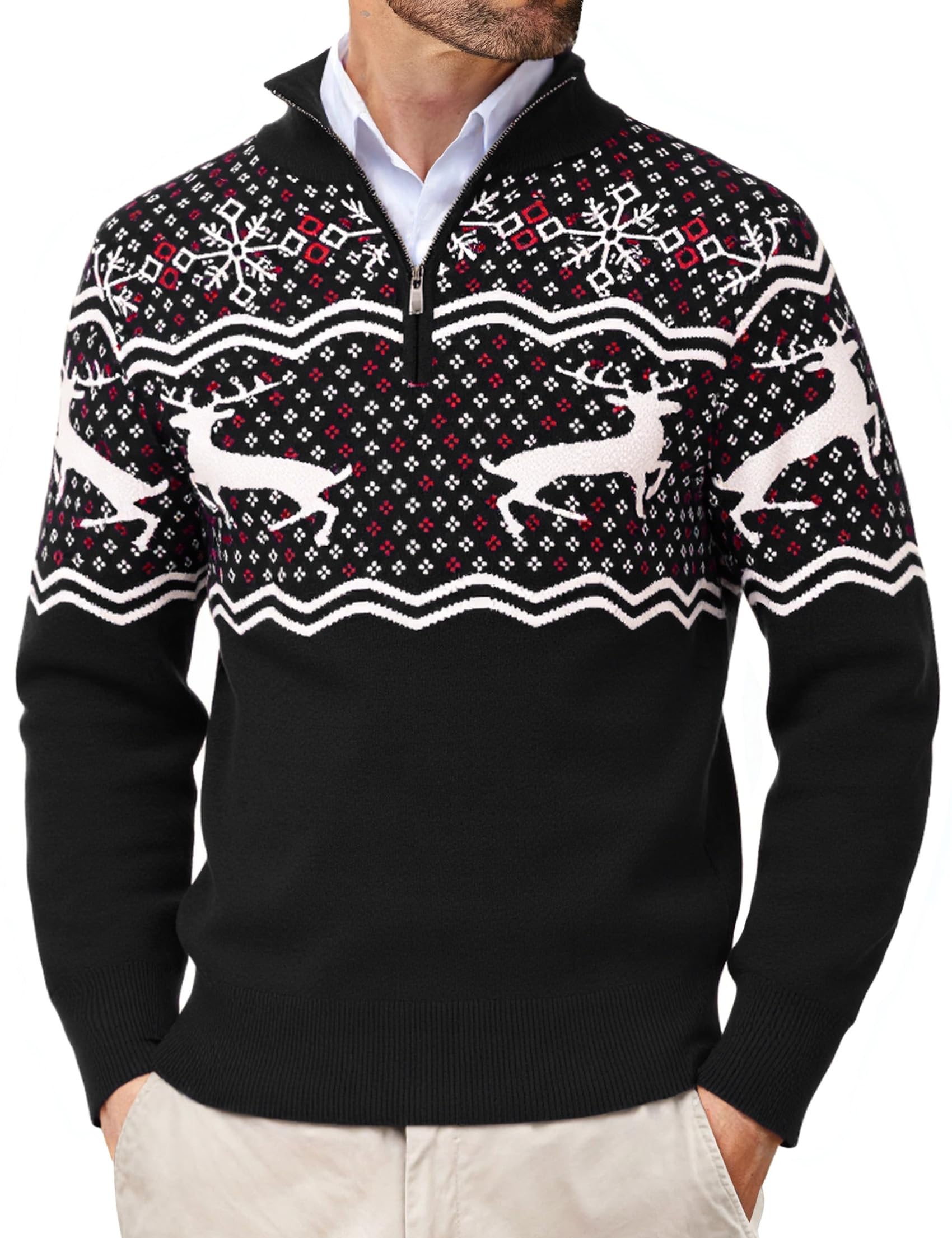 Weihnachtspullover Herren 1/4 Zip Stehkragen Rentiermotiv | Rentier und Schneeflocken Muster, Langarm, Festlicher Winterlook, Weihnachtsfeier, Party, Familienabend und Freizeit
