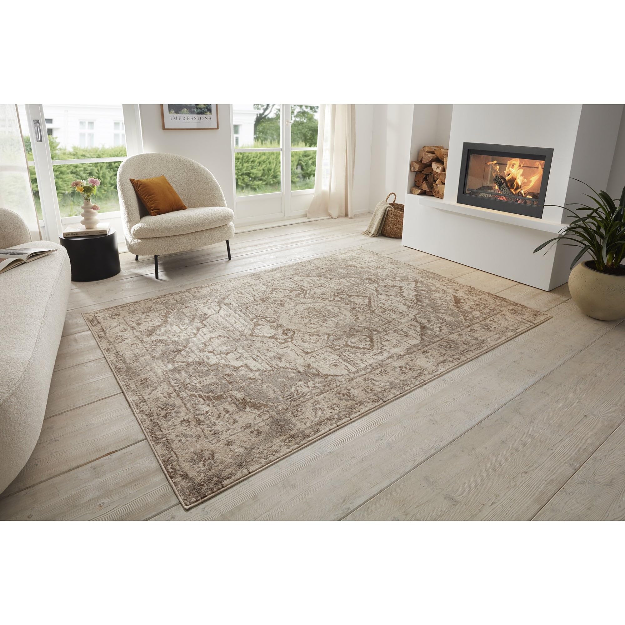 Tapis Salon Oriental, Tapis Vintage Style Oriental, Poils Courts et Motifs Traditionnels (Rania Beige, 200x280cm)