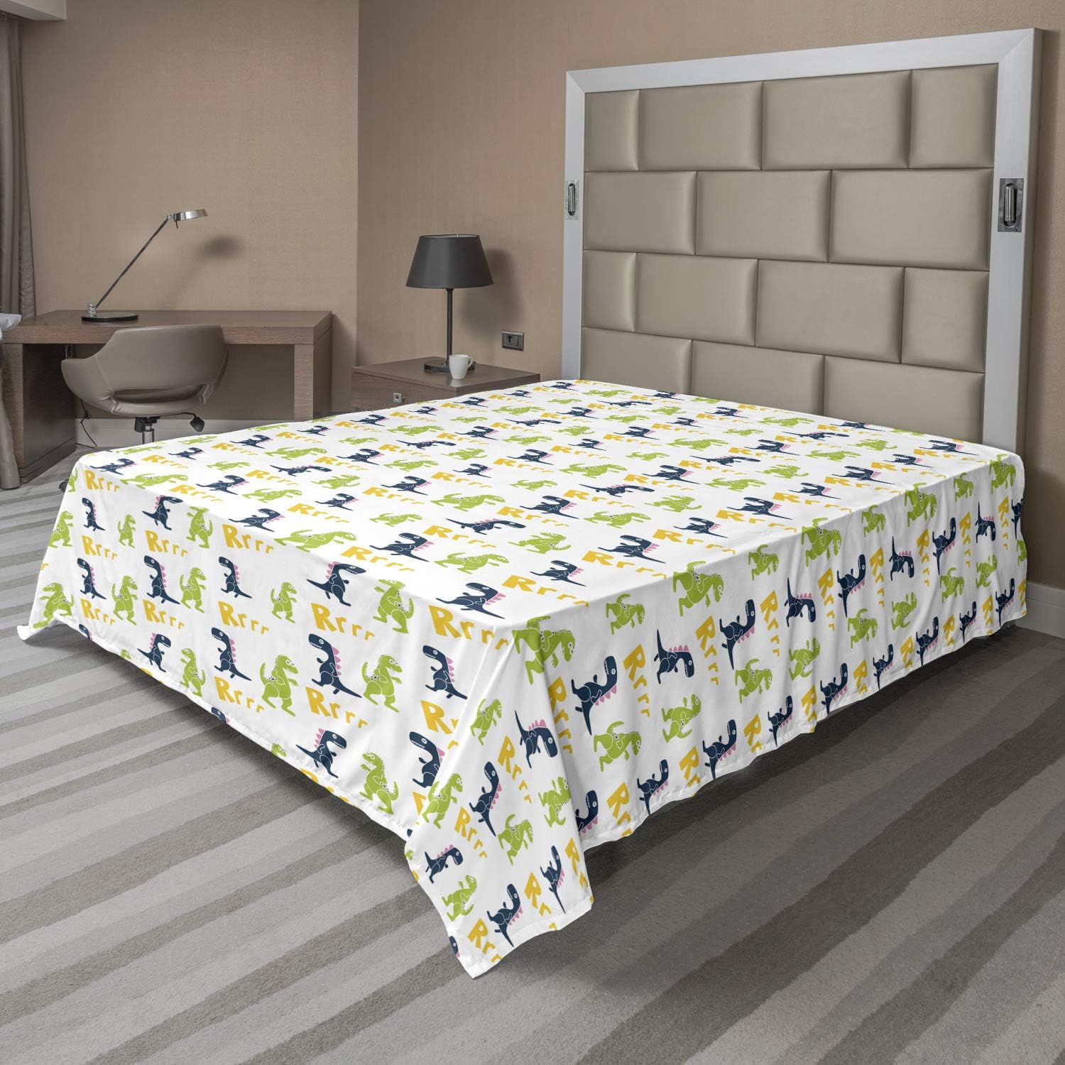 Ambesonne Dinosaur Party Flat Sheet, Happy Cartoon Dino Reptile Rrrr Text on Plain Pattern, Soft Comfortable Top Sheet Decorative Bedding 1 Piece, Full Size, Multicolor