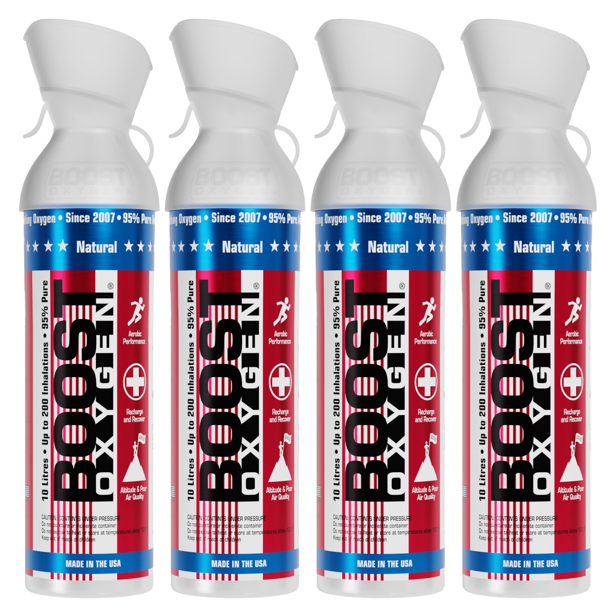 Boost Oxygen 4 Pack 10-Liter Special Edition Stars & Stripes Portable Pure Canned Canister Bottle for High Altitudes, Athletes, & More, Natural