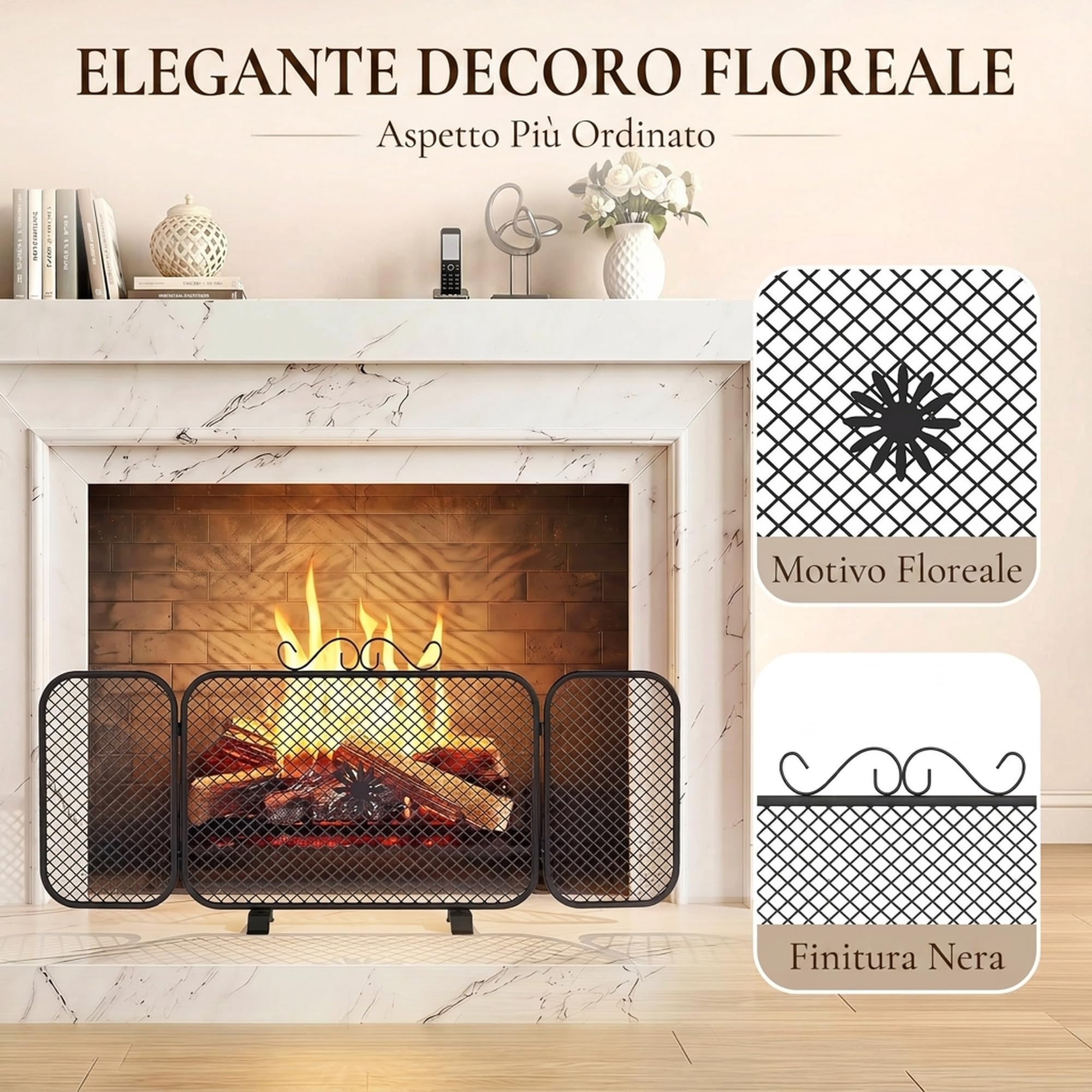HOMCOM Parascintille Camino Pieghevole a 3 Pannelli, 90x16x40 cm, Nero