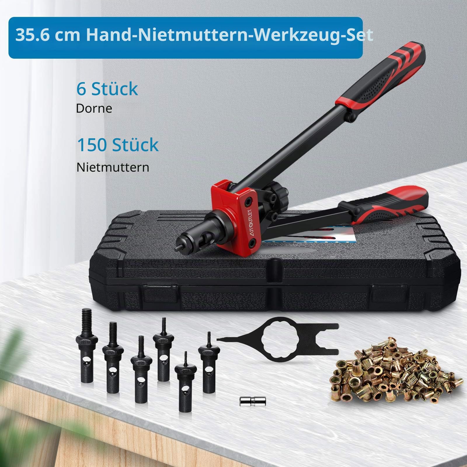 AUTOUTLET Nietmutternzange Set, 14" Profi Nietzangen Nietmutterzange mit 6 Austauschbare Dorne M3 M4 M5 M6 M8 M10 und 150PCS Nietmuttern, Gewindenietzange Nietmaschine Nietmutter Zange Werkzeug(Rot)