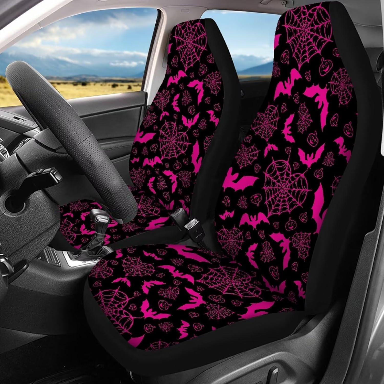 Halloween Bat Car Seat Covers Full Set, Pink Seat Covers for Cars, Front and Rear Car Seats Cover Cushions 4 Pcs Halloween Auto Accessories Protectors for SUV Sedan Van (Pink)