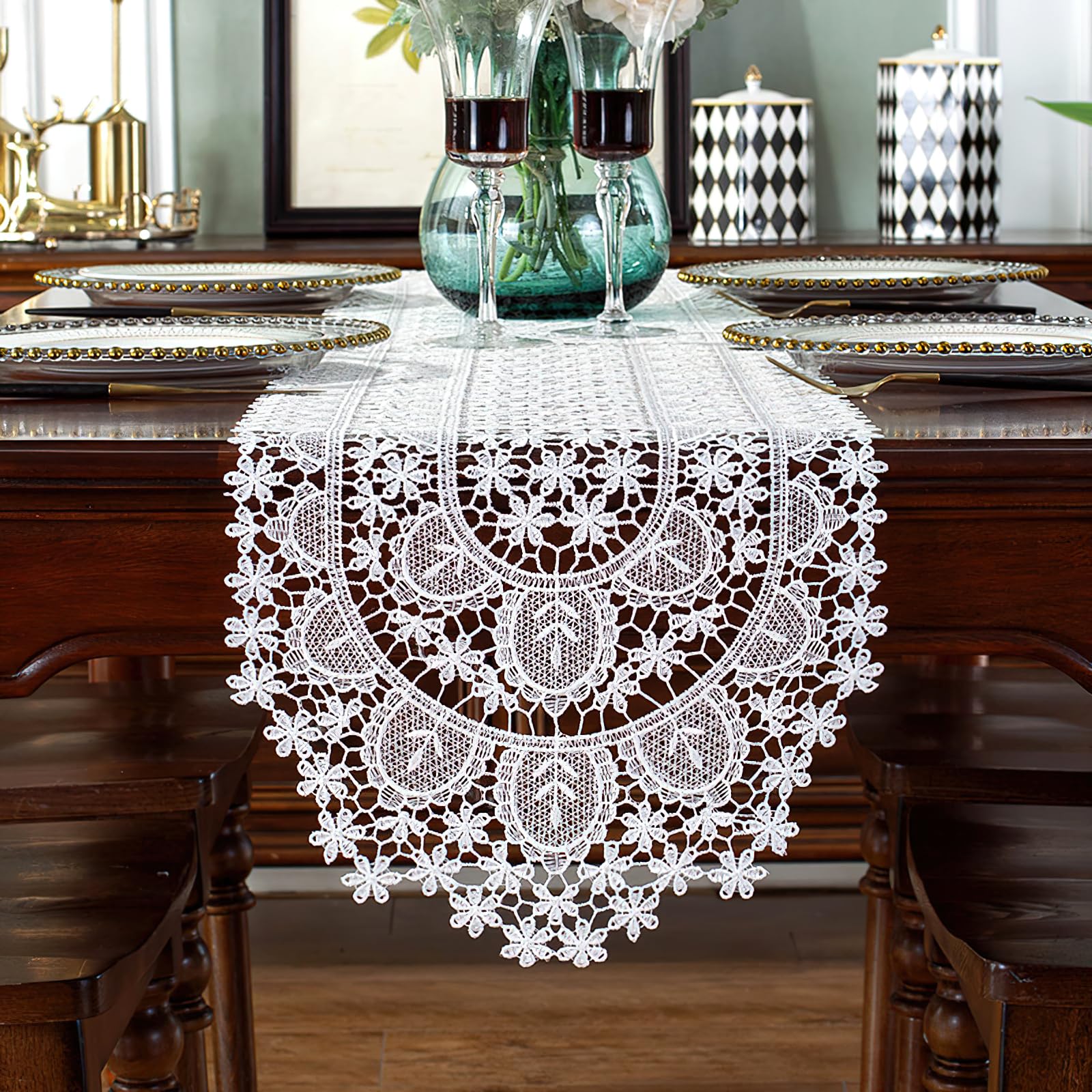 auons White Lace Table Runner Dresser Scarf Crochet Oval Table Doilies Elegant Table Placemats for Home Banquet Festival Party Wedding Decor, 12 x 18 Inch