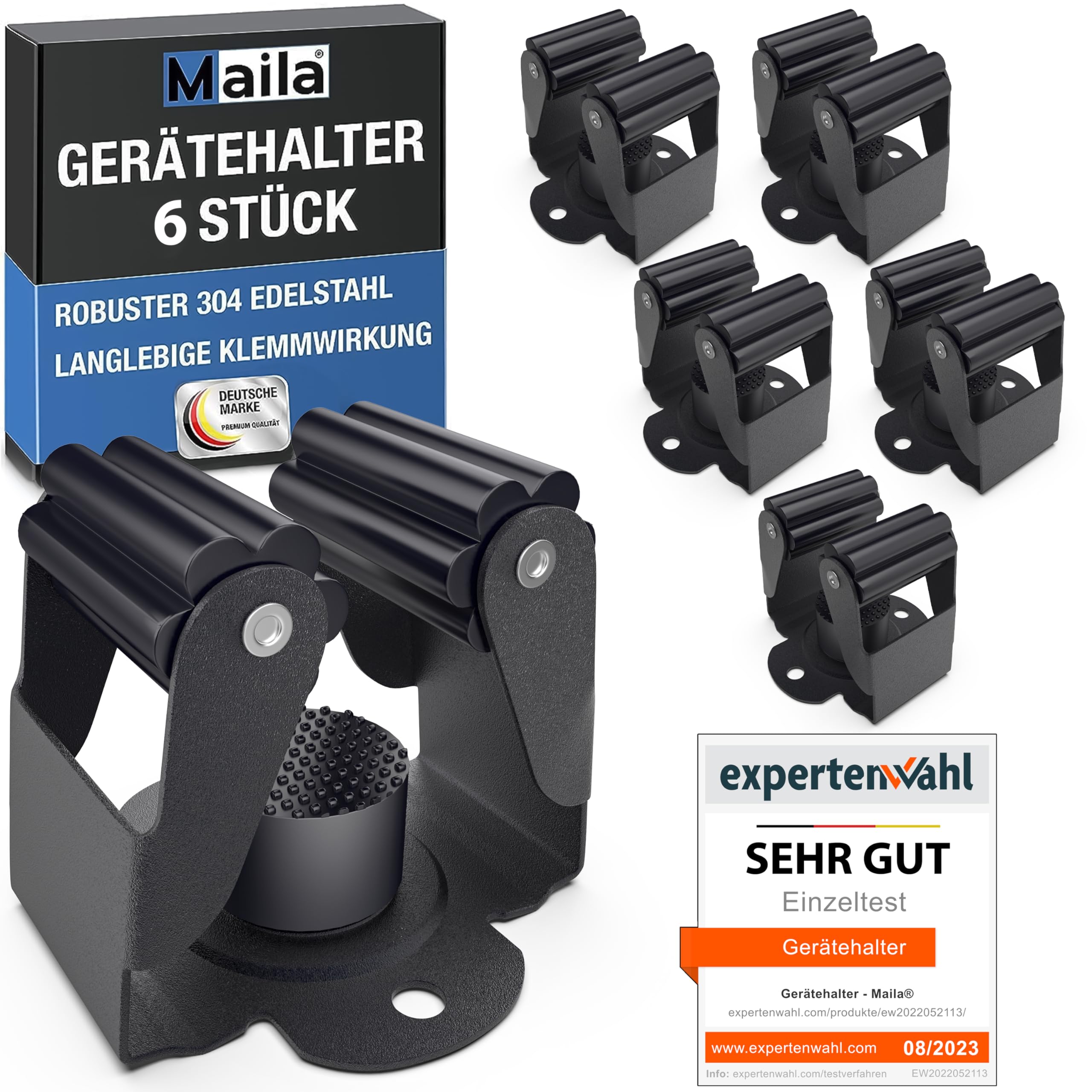 Maila® Gerätehalter (6er Set, Schwarz) - Robuster 304er Edelstahl rostfrei - Besenhalterung Wand mit starker Klemmwirkung, Wandhalterung für Besen, als Werkzeughalter