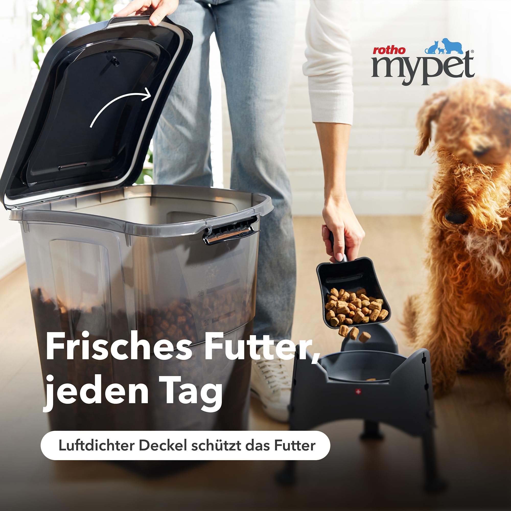 Rotho Archie Tierfutterbehälter Deckel, lebensmittelechter Kunststoff (PP) BPA-frei, schwarz transparent, 38l, (41 x 37 x 50 cm)