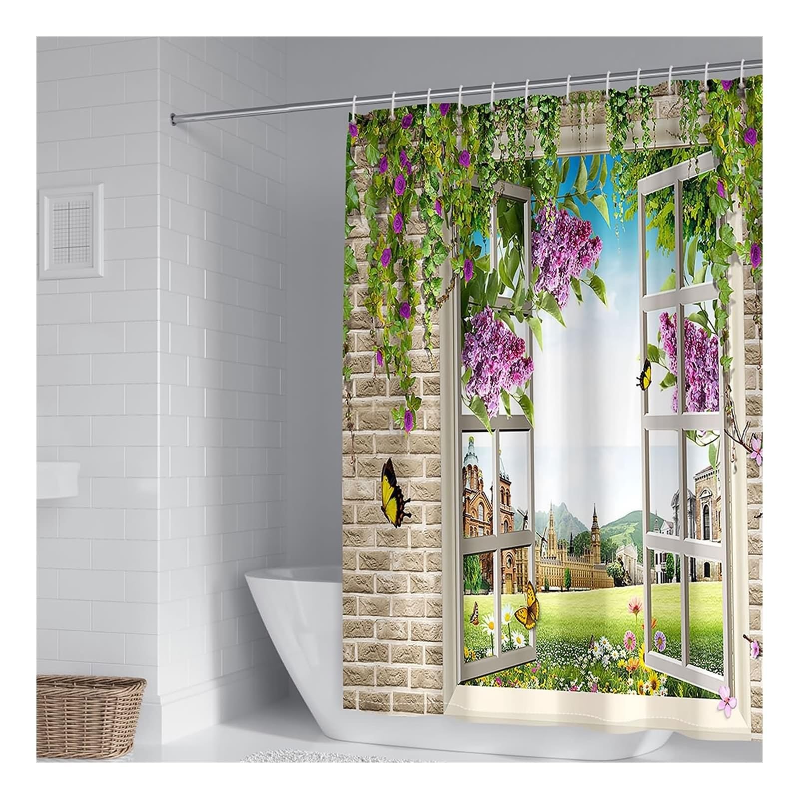 Cortina de ducha de 180 x 200 cm, resistente al agua, tela textil verde lila, diseño de mariposas, cortina de baño, poliéster, antimoho, secado rápido, 1,8 x 2 m de largo (ancho x alto) con