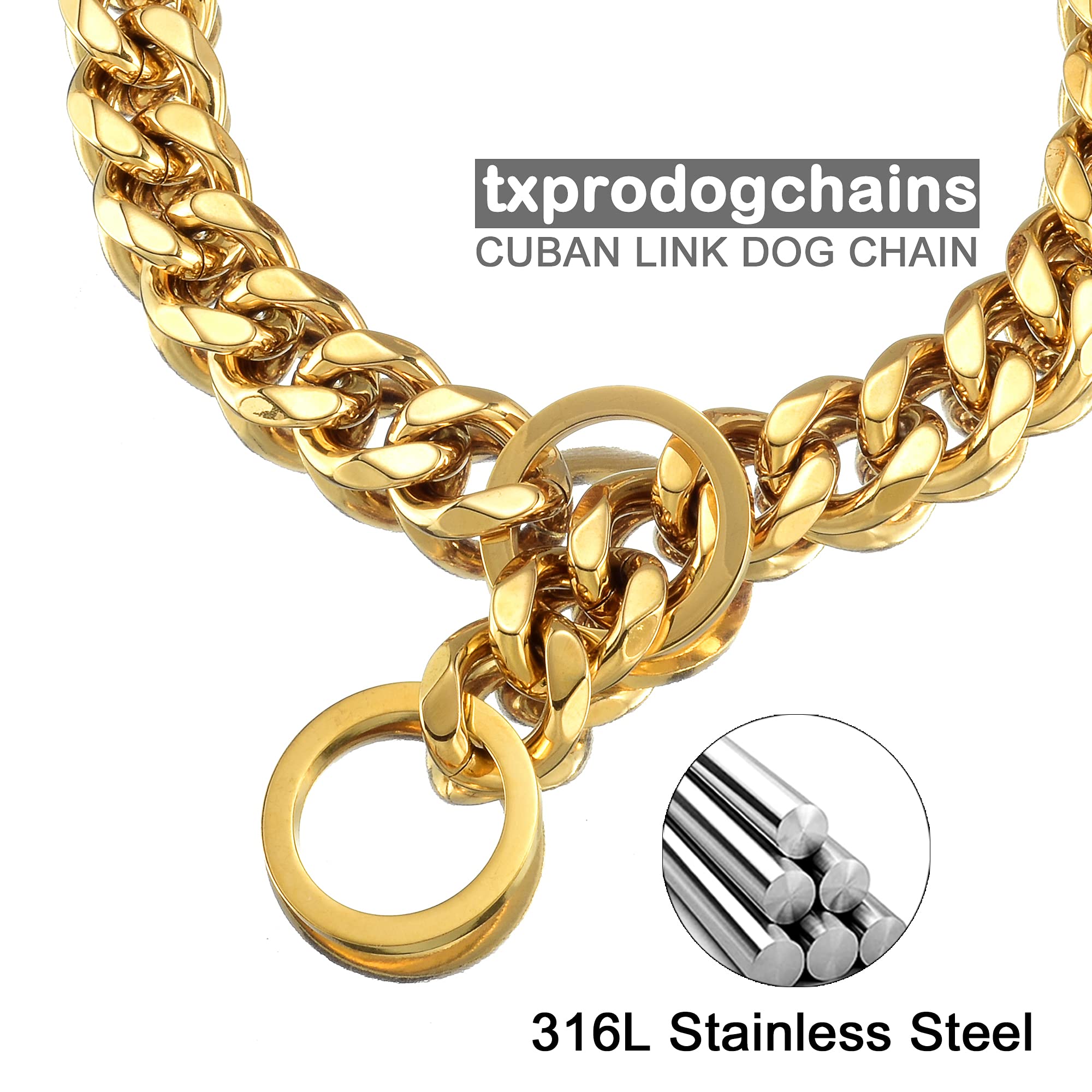 Dog Chain Collar Chew Proof, 15mm Thick Heavy Duty Stainless Steel Metal Cuban Link for Small Medium Large Dogs - Gold