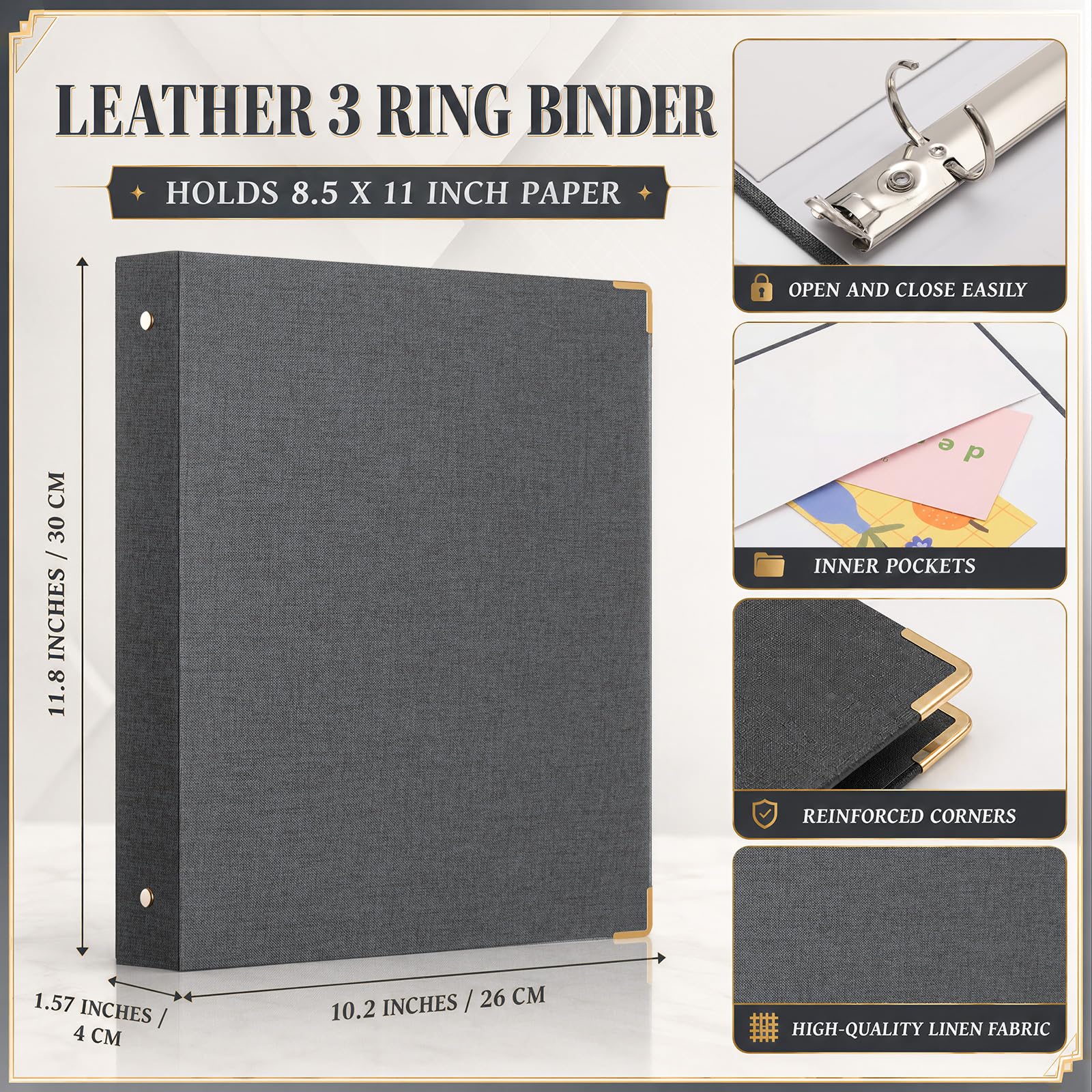 Fulmoon 6 Pcs Aesthetic 3 Ring Binders with Linen Cover 1 Inch Round Rings Binder with Inner Pocket 8.5 x 11 Binder Fits Letter Sized Durable for School Office and HomeDark Gray product thumbnail 4